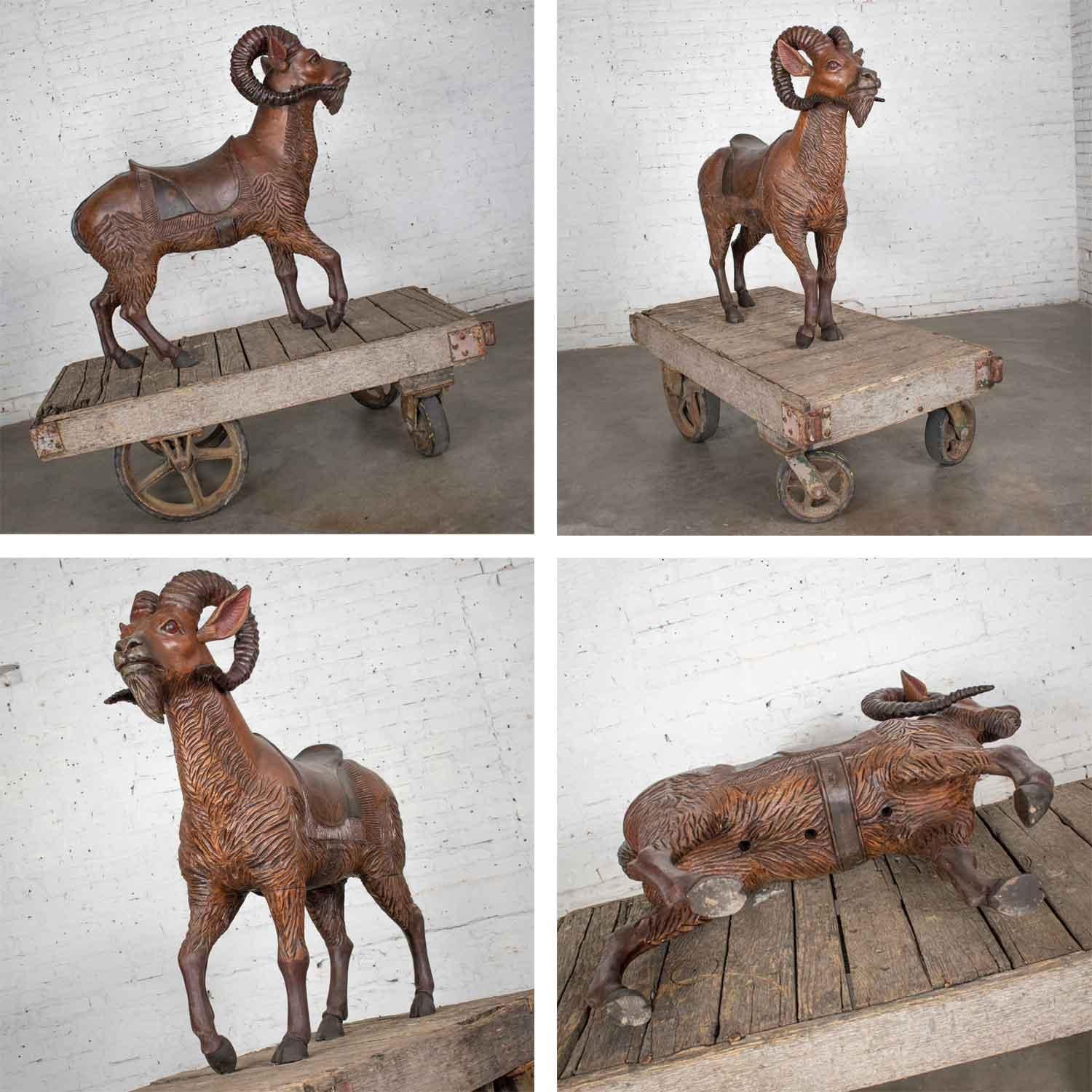 Large Hand Carved Wood Carousel Style Ram Big Horn Sheep 2