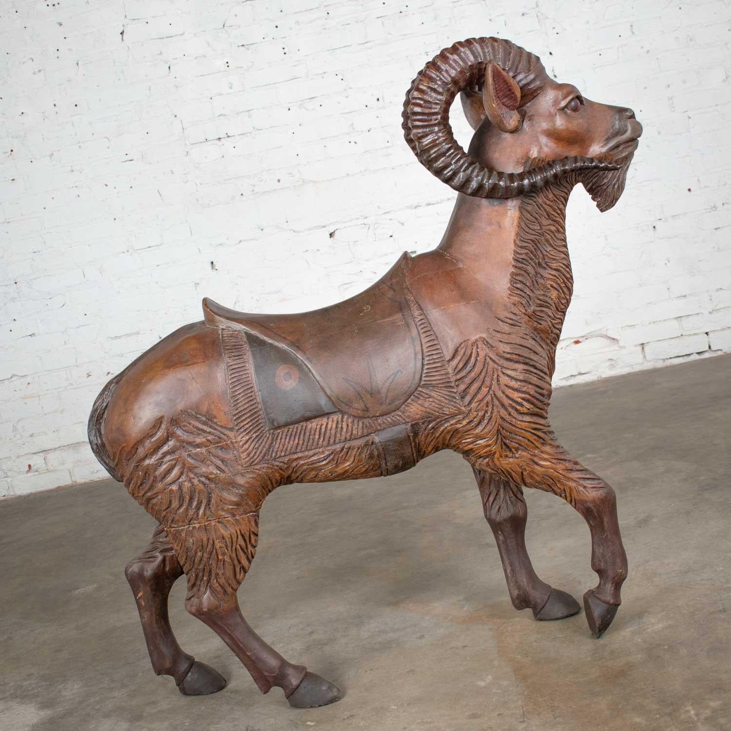 Hand-Carved Large Hand Carved Wood Carousel Style Ram Big Horn Sheep