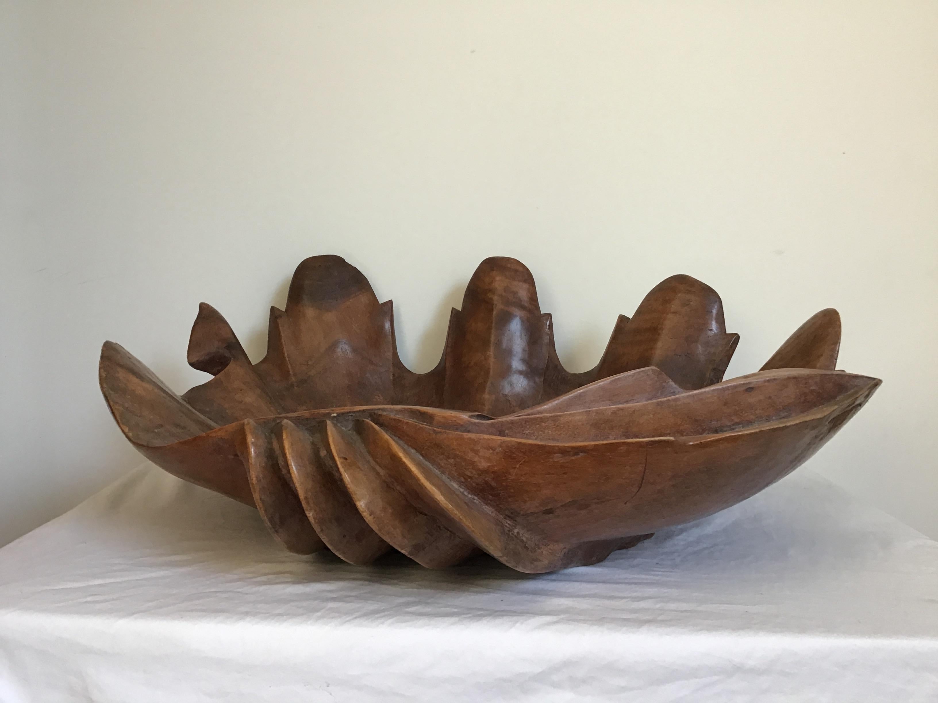 Late 20th Century Large Hand Carved Wood Clam Shell
