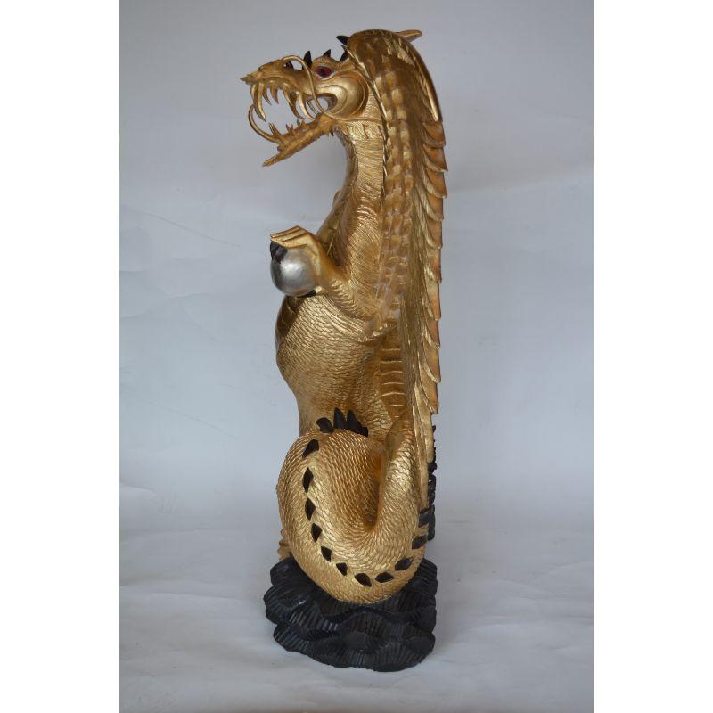 Large Hand-Carved Wood Dragon Sculpture with Gold Leaf For Sale 1