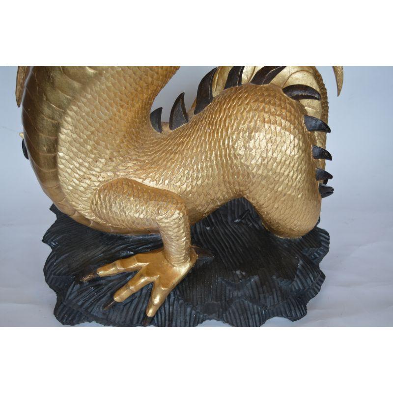 Large Hand-Carved Wood Dragon Sculpture with Gold Leaf For Sale 4
