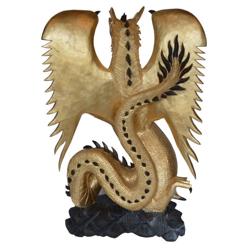 Large Hand-carved wood dragon sculpture with gold leaf. One of a kind, beautifully crafted piece!
