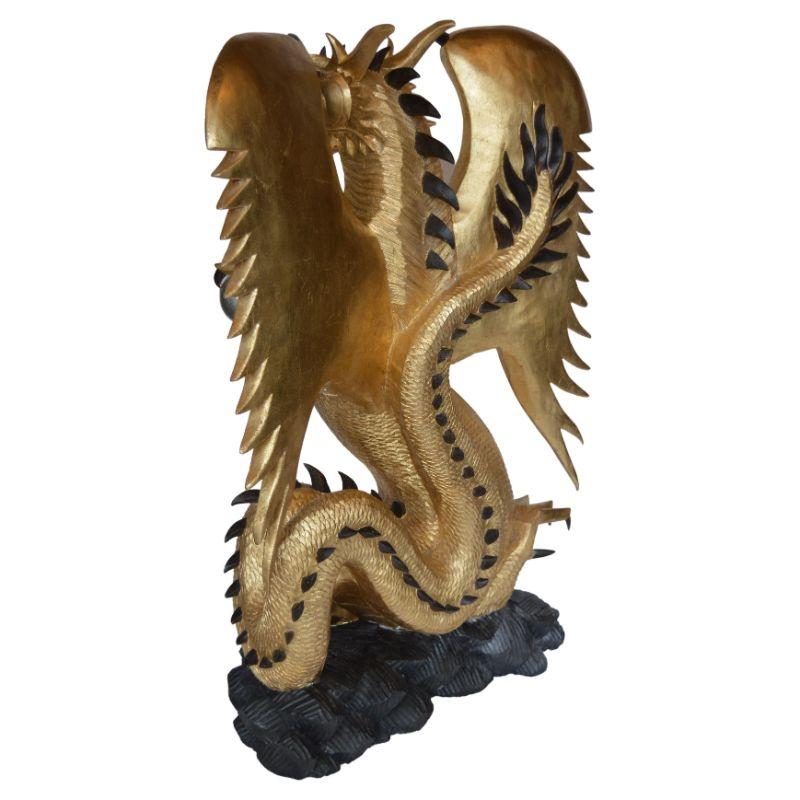 Chinese Large Hand-Carved Wood Dragon Sculpture with Gold Leaf For Sale