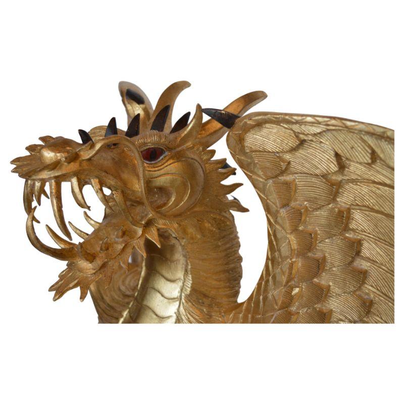 Hand-Crafted Large Hand-Carved Wood Dragon Sculpture with Gold Leaf For Sale