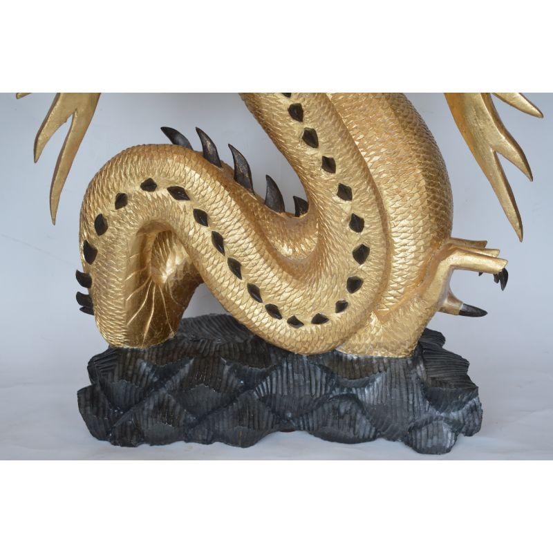 Large Hand-Carved Wood Dragon Sculpture with Gold Leaf In Excellent Condition For Sale In Los Angeles, CA