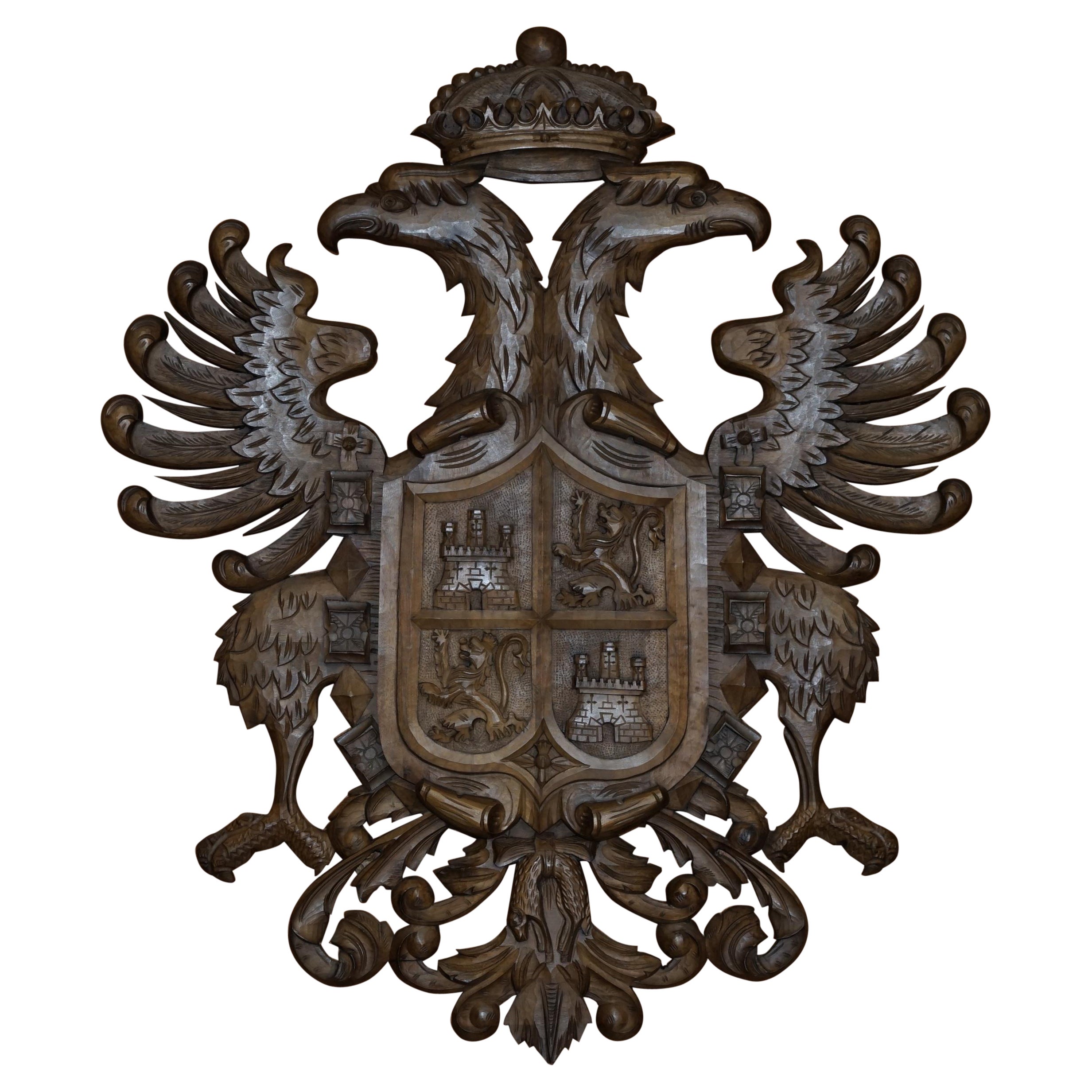 Large Hand Carved Wood Heraldic Armorial Crest Coat of Arms Eagles