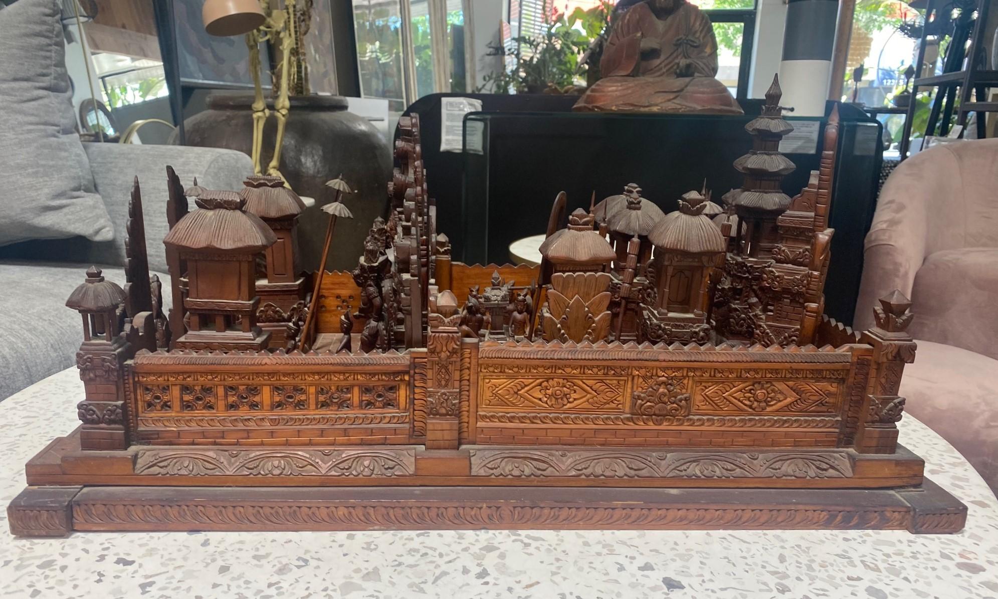 Large Hand Carved Wood Indonesian Asian Village Temple Scene Sculpture Model For Sale 4