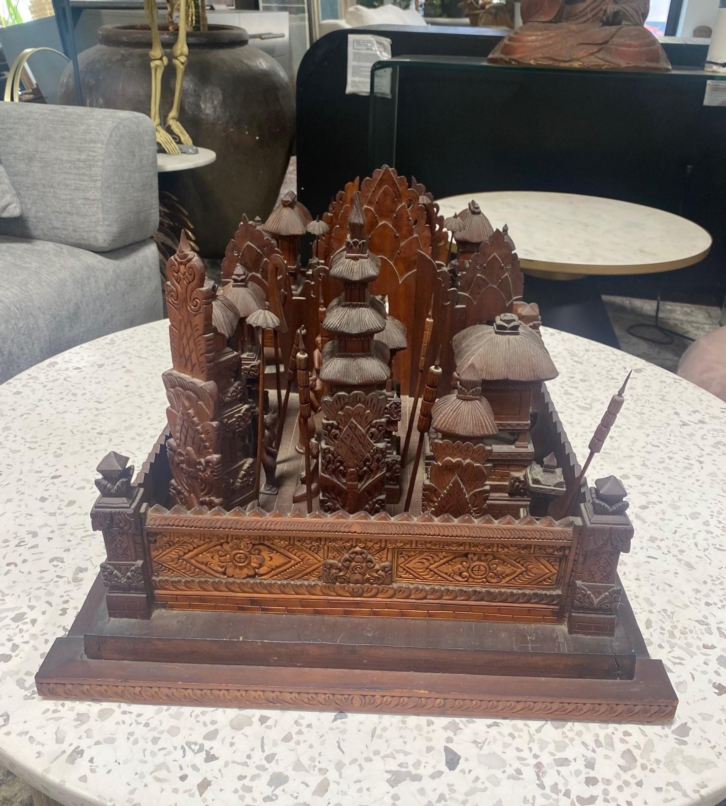 Large Hand Carved Wood Indonesian Asian Village Temple Scene Sculpture Model For Sale 5