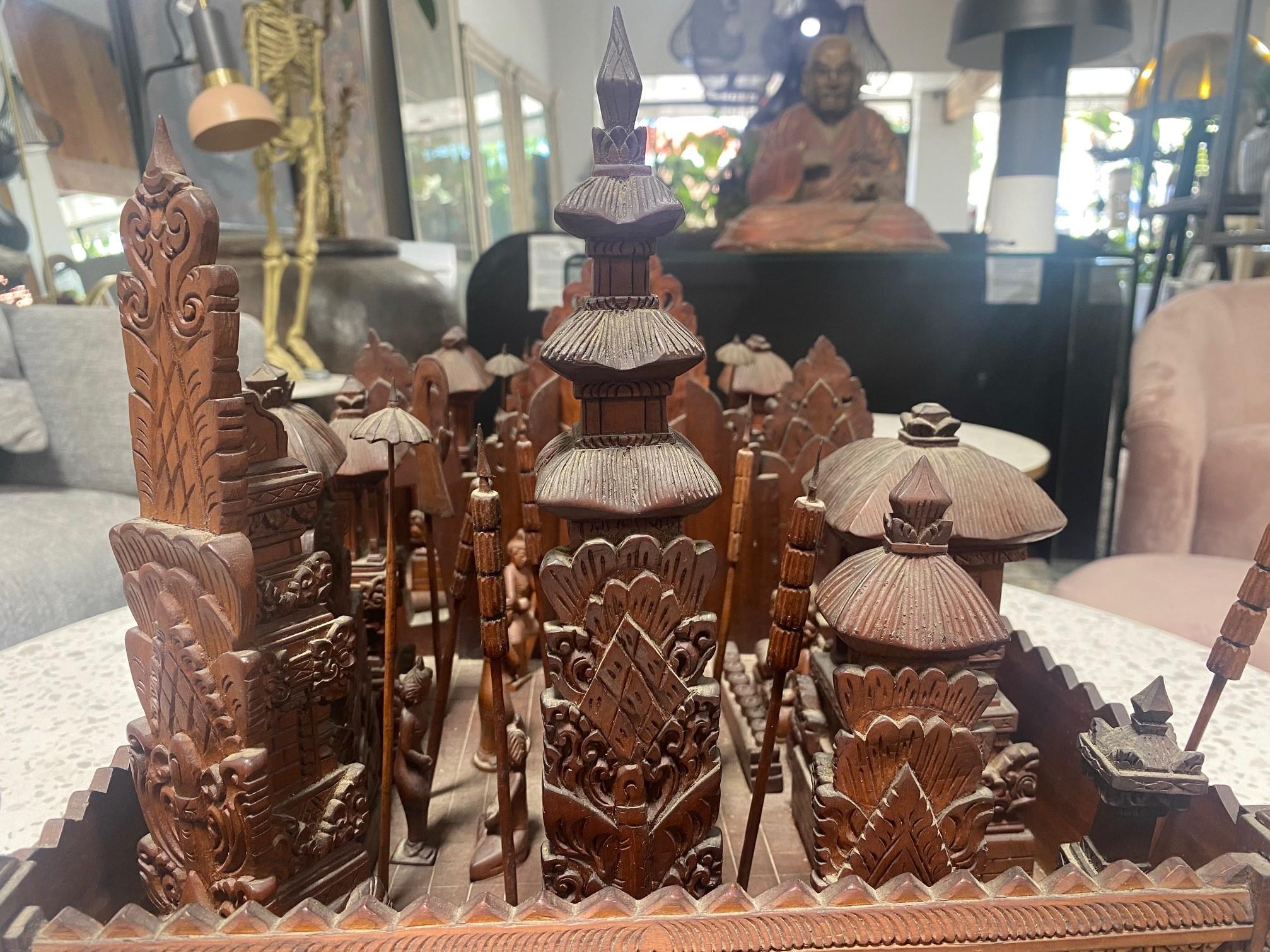 Large Hand Carved Wood Indonesian Asian Village Temple Scene Sculpture Model For Sale 6
