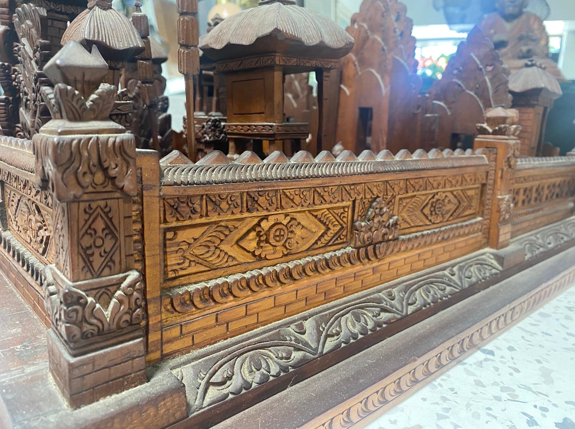 Large Hand Carved Wood Indonesian Asian Village Temple Scene Sculpture Model For Sale 7