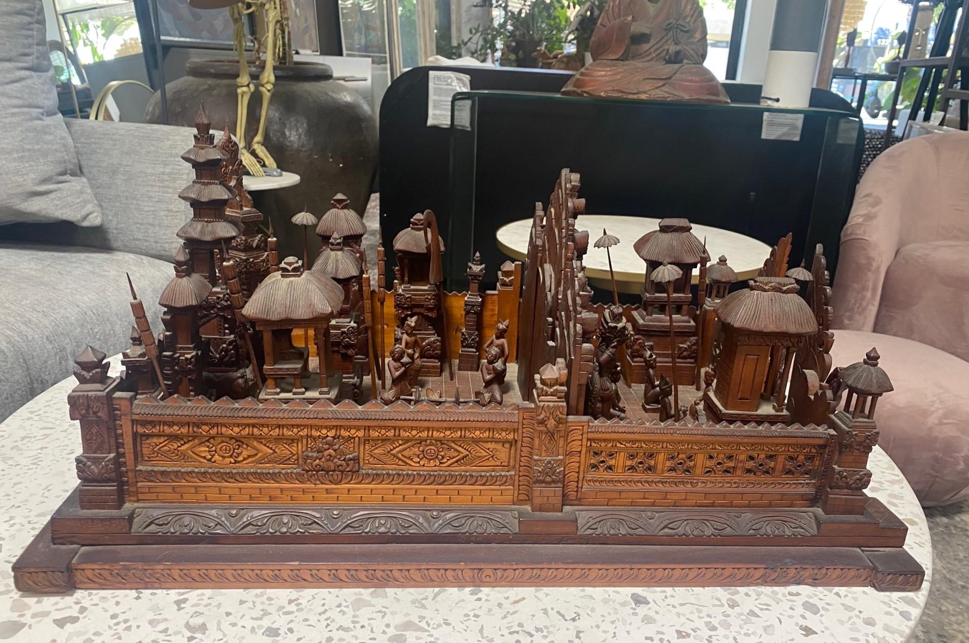 Large Hand Carved Wood Indonesian Asian Village Temple Scene Sculpture Model For Sale 8