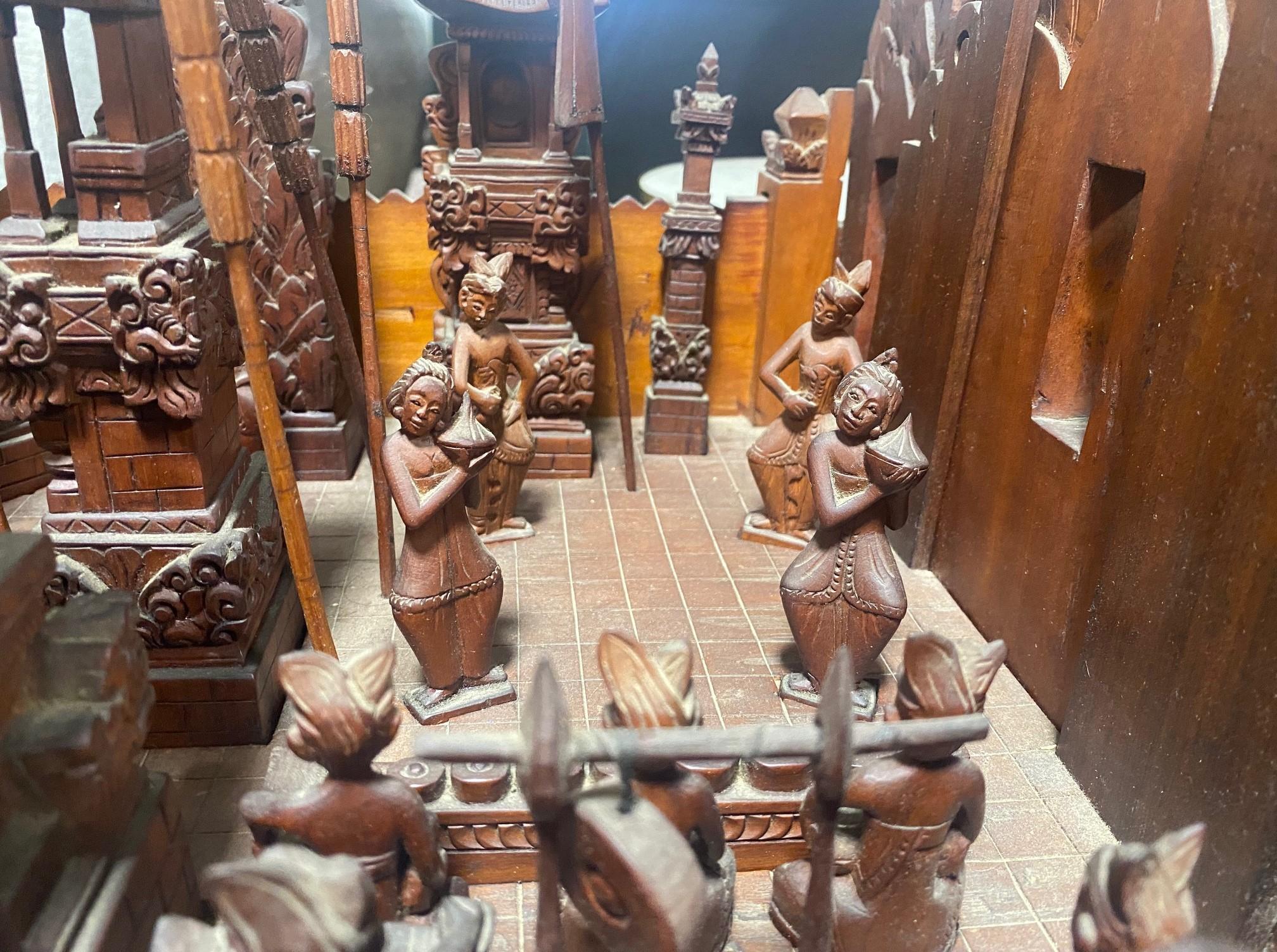 Large Hand Carved Wood Indonesian Asian Village Temple Scene Sculpture Model For Sale 9