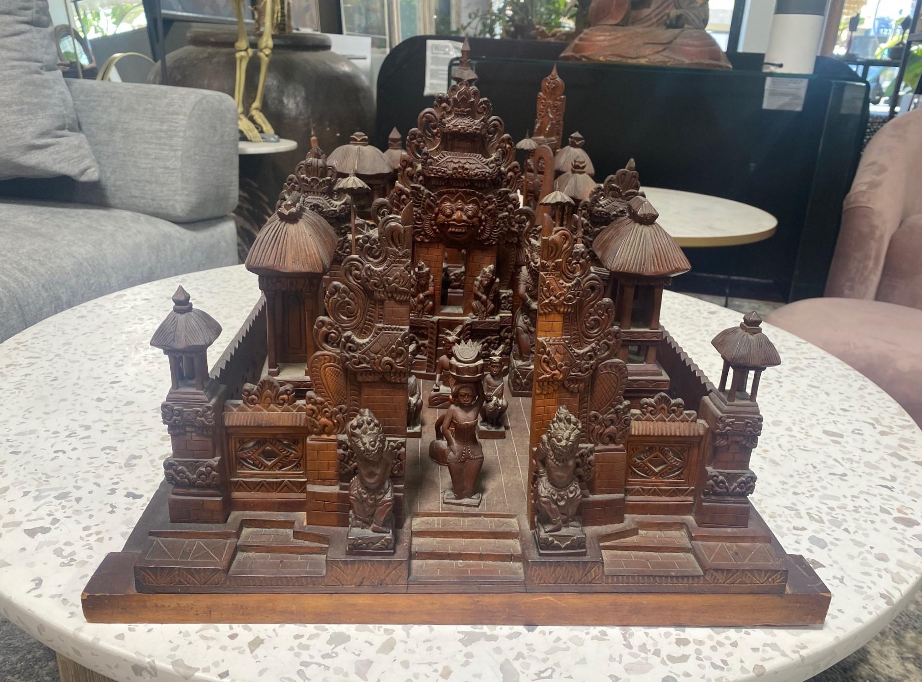 Large Hand Carved Wood Indonesian Asian Village Temple Scene Sculpture Model For Sale 14