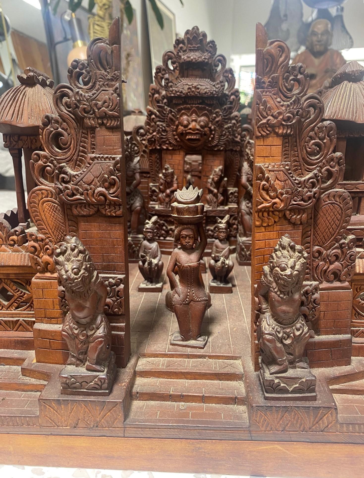 Folk Art Large Hand Carved Wood Indonesian Asian Village Temple Scene Sculpture Model For Sale
