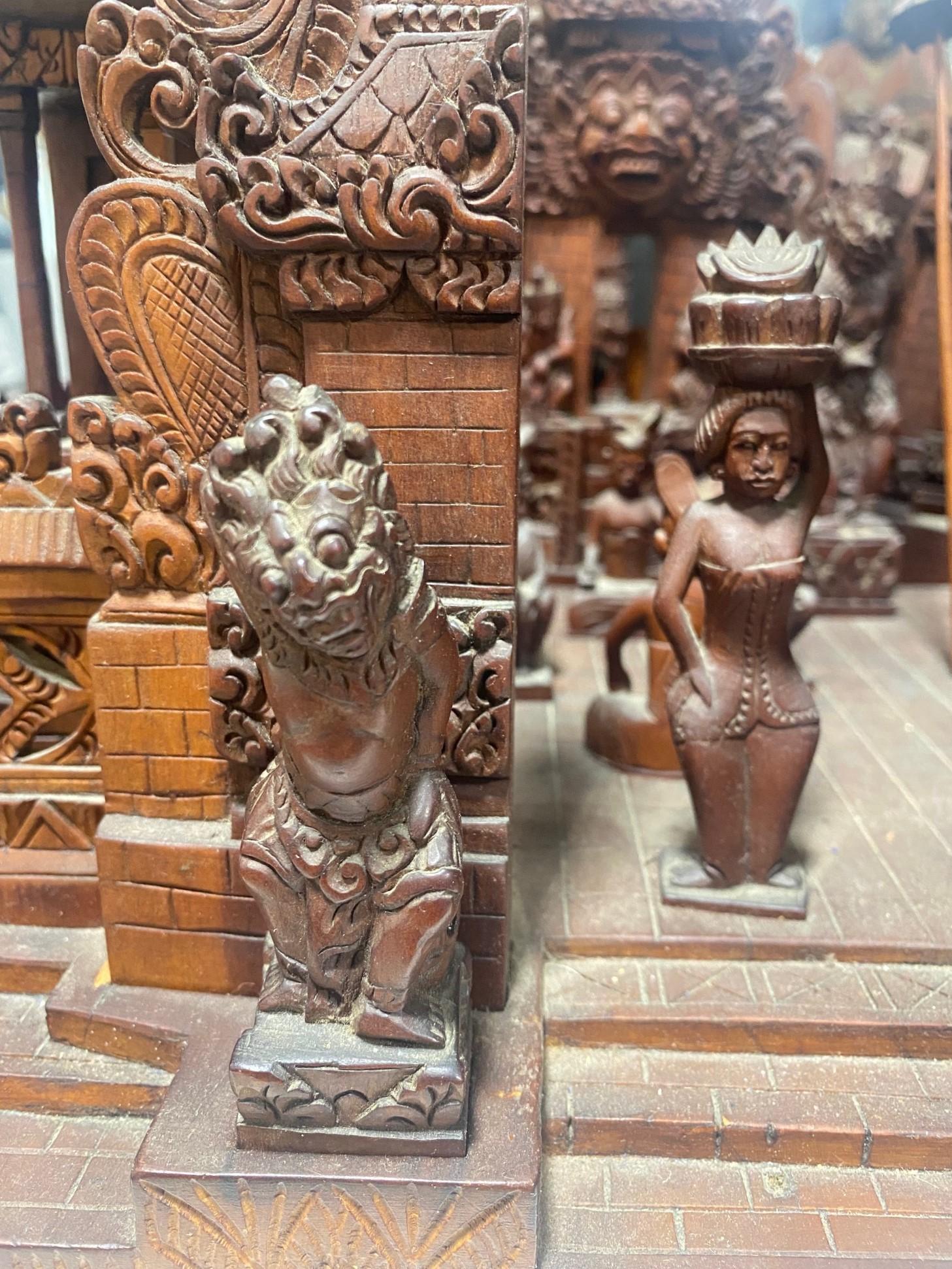 Large Hand Carved Wood Indonesian Asian Village Temple Scene Sculpture Model In Good Condition For Sale In Studio City, CA