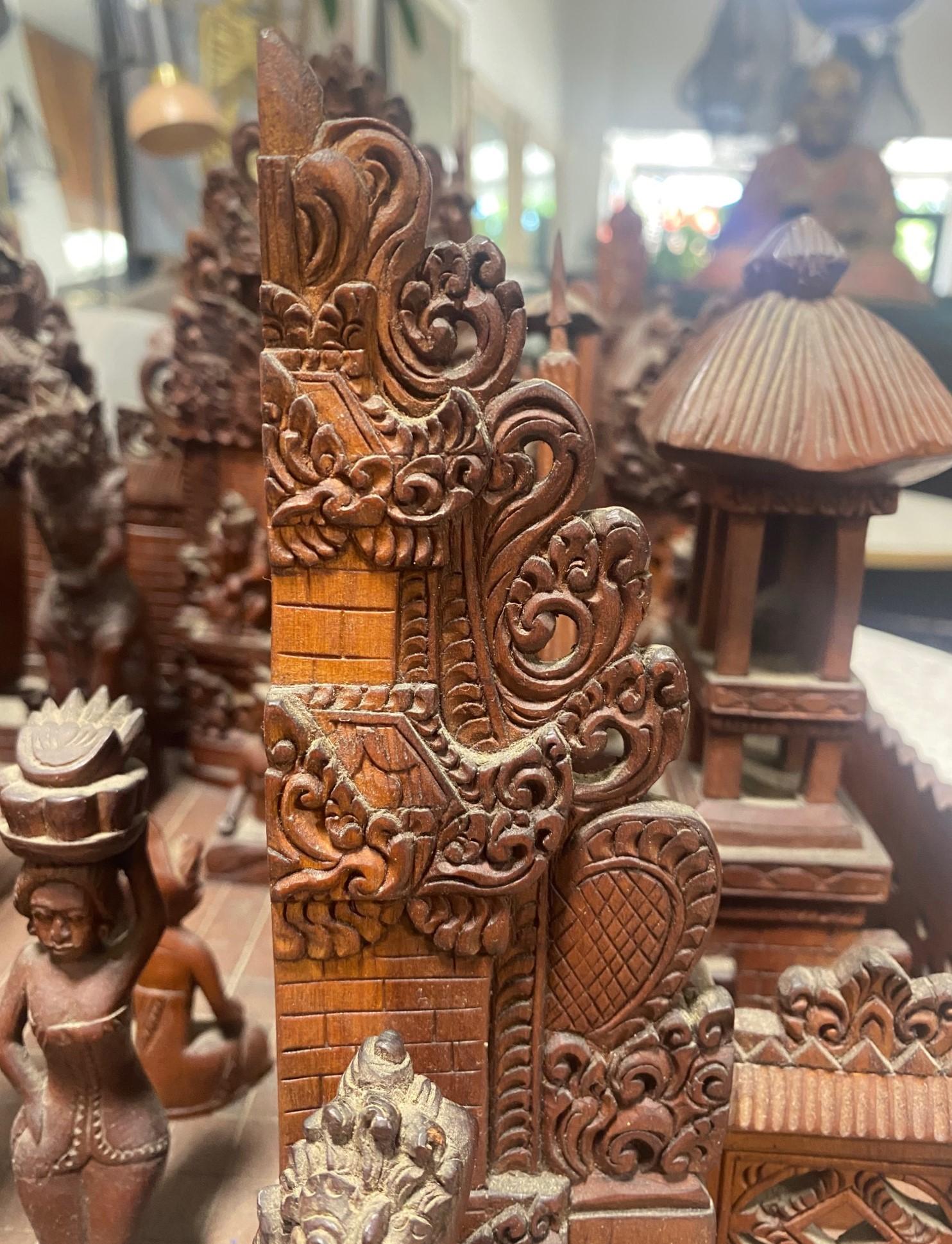 20th Century Large Hand Carved Wood Indonesian Asian Village Temple Scene Sculpture Model For Sale