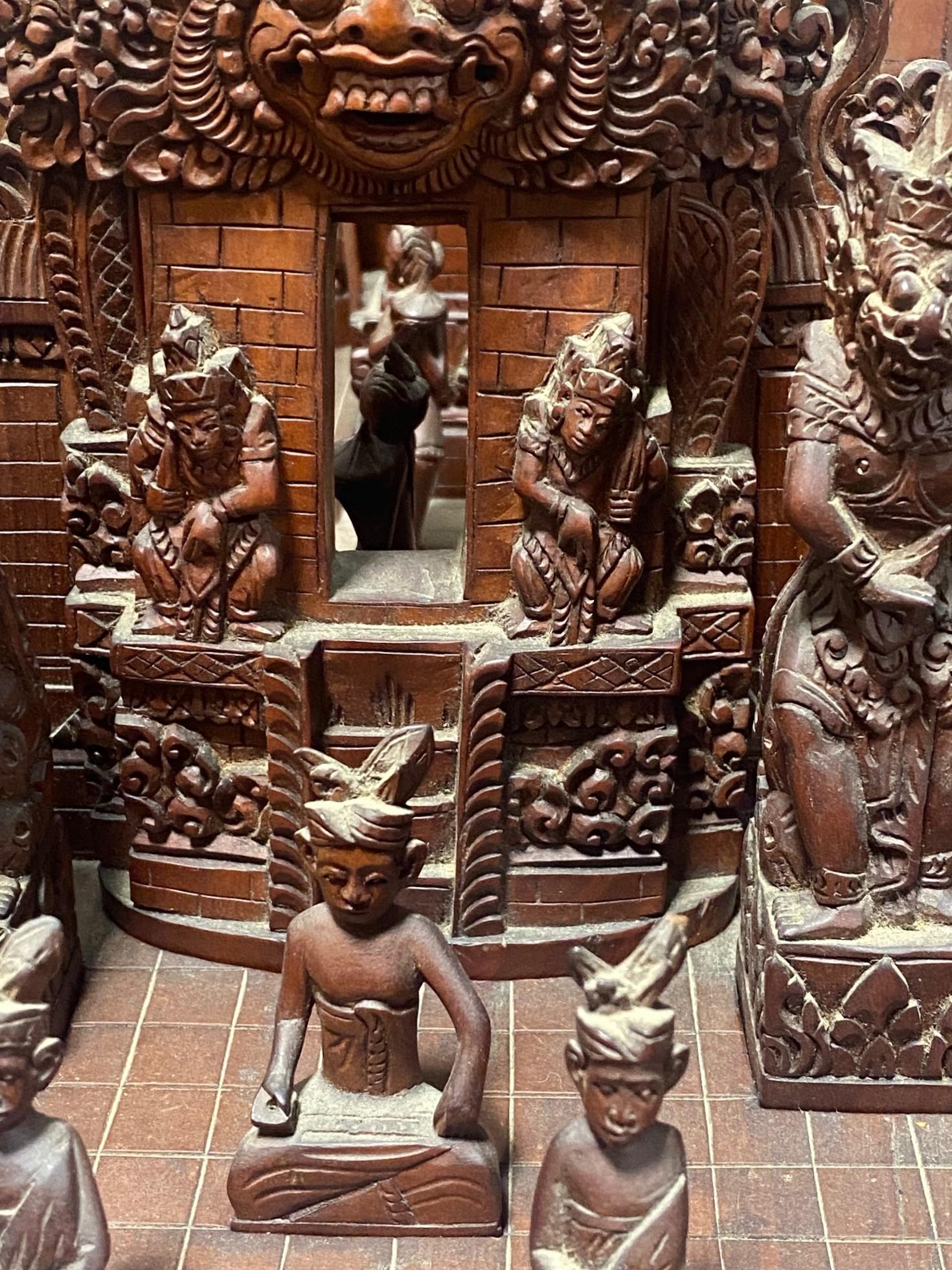 Large Hand Carved Wood Indonesian Asian Village Temple Scene Sculpture Model For Sale 2