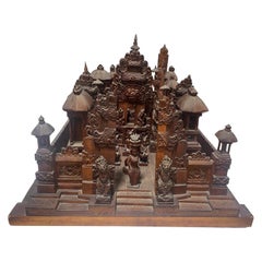 Large Hand Carved Wood Indonesian Asian Village Temple Scene Sculpture Model