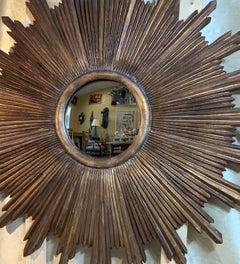 Large Hand Carved Wood Midcentury Sunburst Mirror