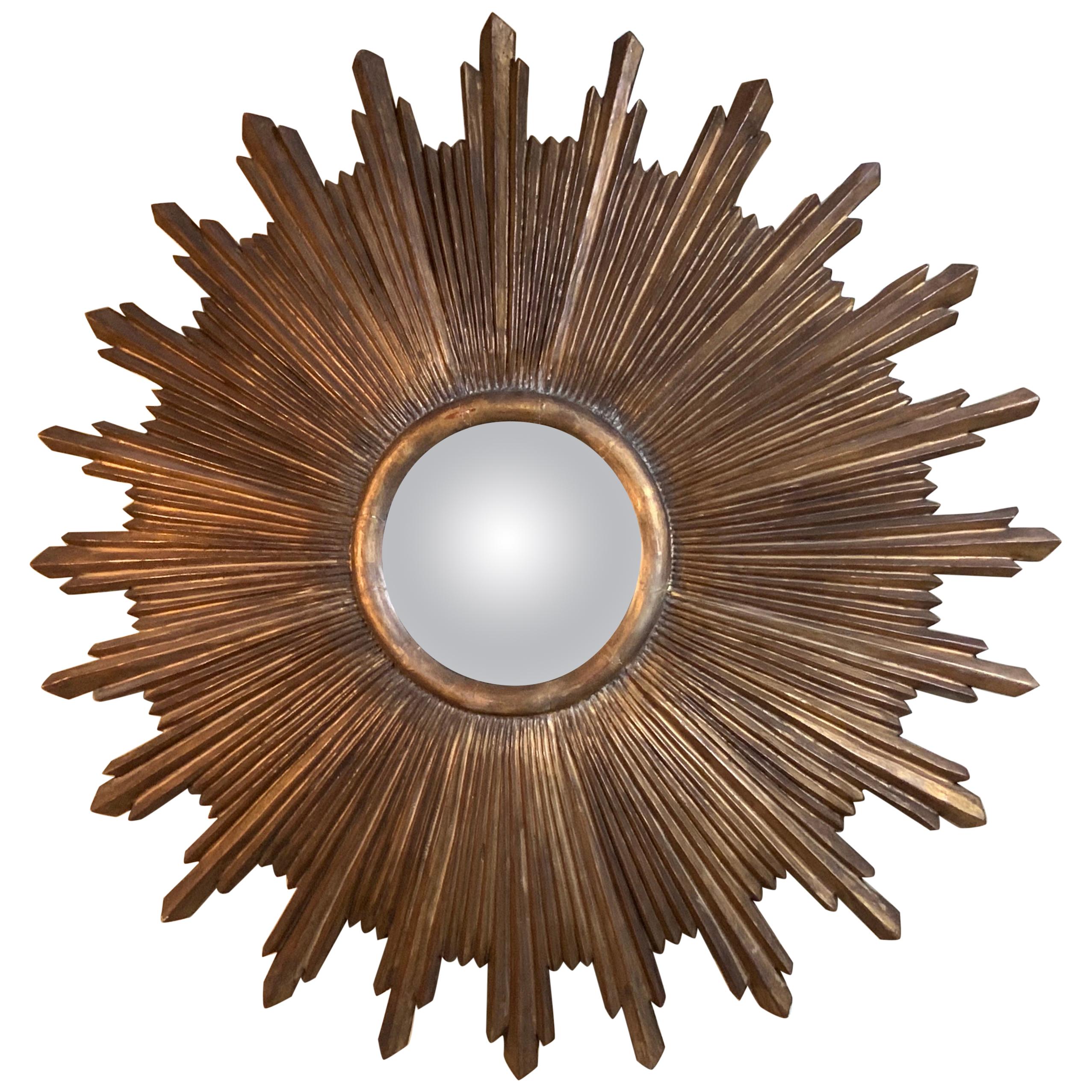 Large Hand Carved Wood Midcentury Sunburst Mirror For Sale