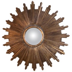 Large Hand Carved Wood Midcentury Sunburst Mirror