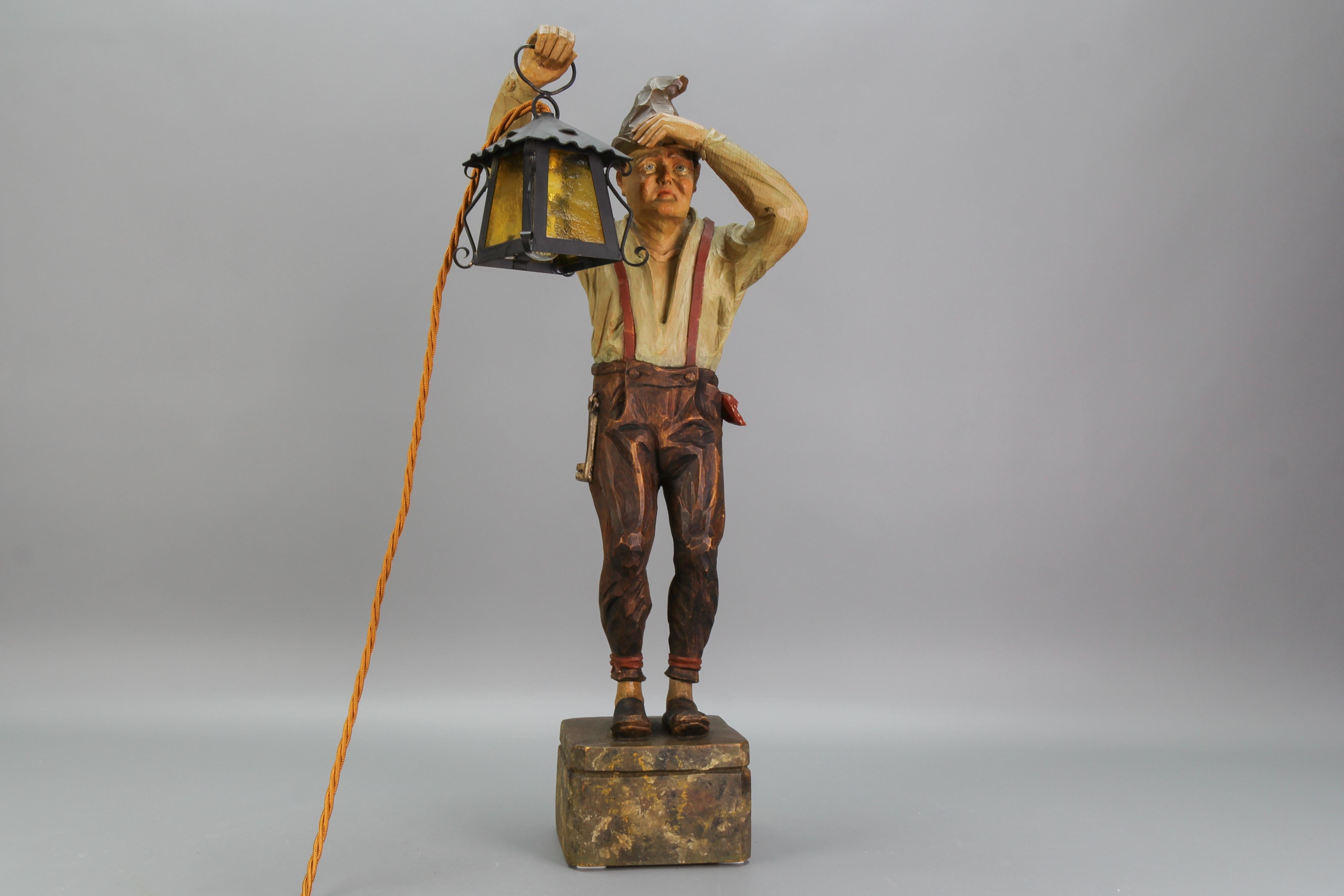 Large Hand-Carved Wooden Lamp Sculpture Man with a Lantern, Germany, 1930s For Sale 6