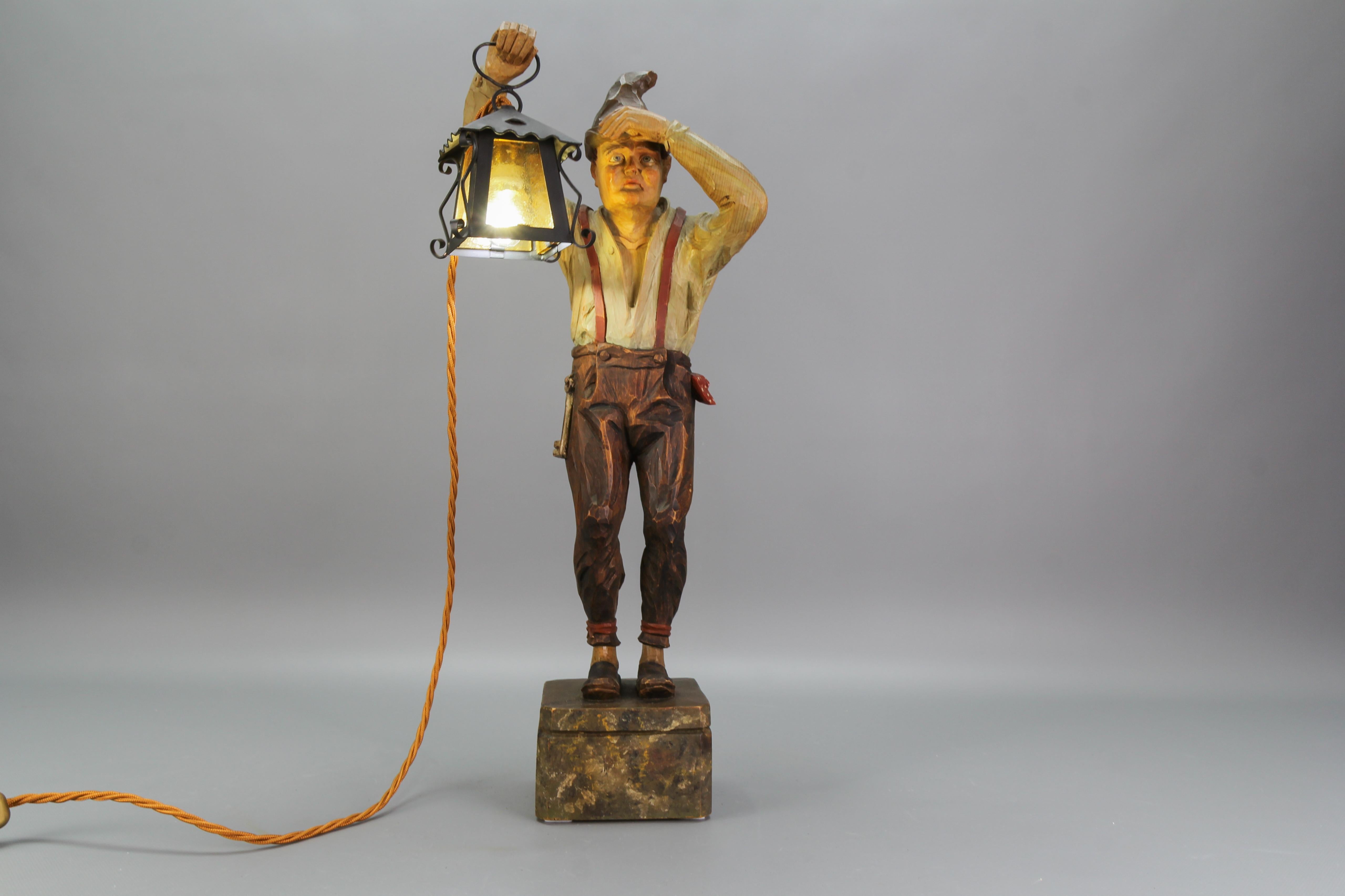 Large Hand-Carved Wooden Lamp Sculpture Man with a Lantern, Germany, 1930s For Sale 7