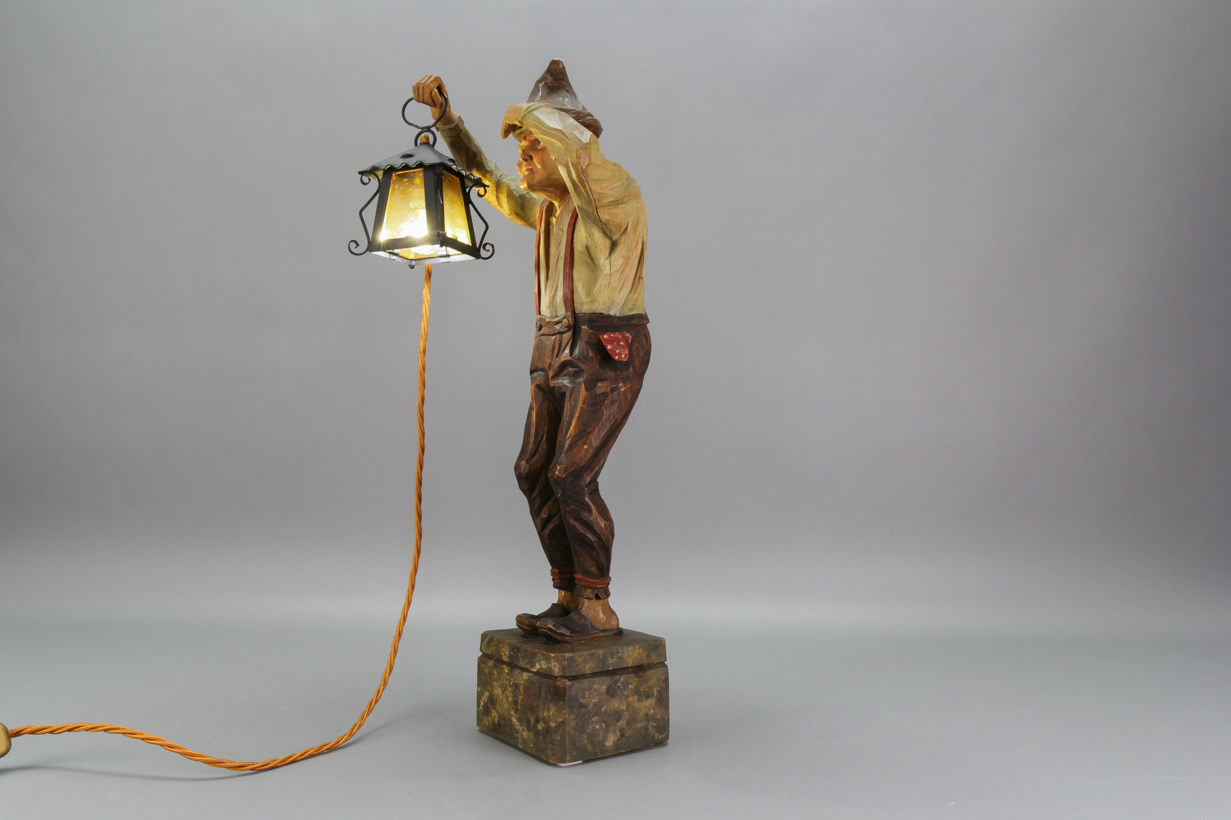 Large Hand-Carved Wooden Lamp Sculpture Man with a Lantern, Germany, 1930s For Sale 8
