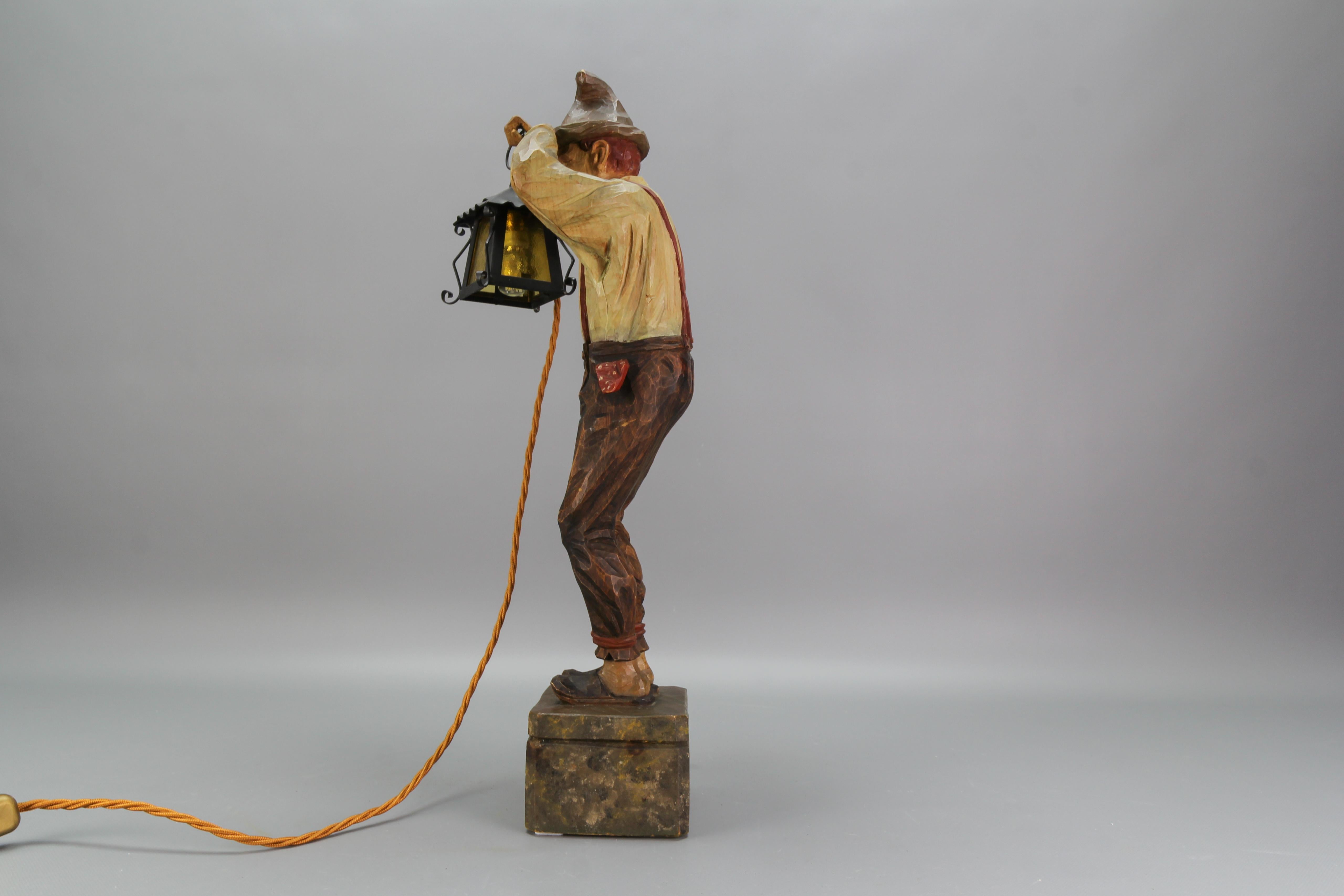 Large Hand-Carved Wooden Lamp Sculpture Man with a Lantern, Germany, 1930s For Sale 9