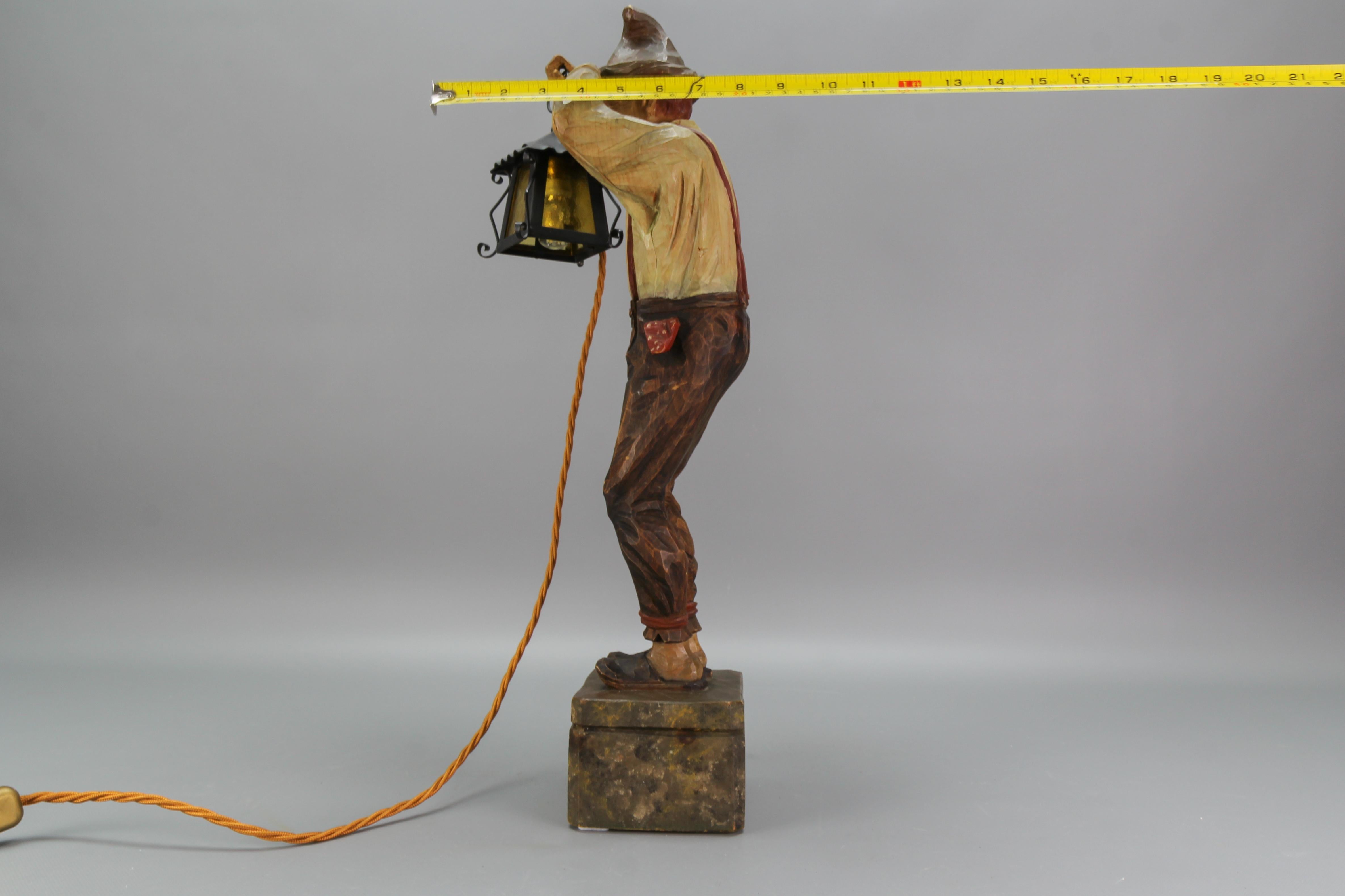 Large Hand-Carved Wooden Lamp Sculpture Man with a Lantern, Germany, 1930s For Sale 10
