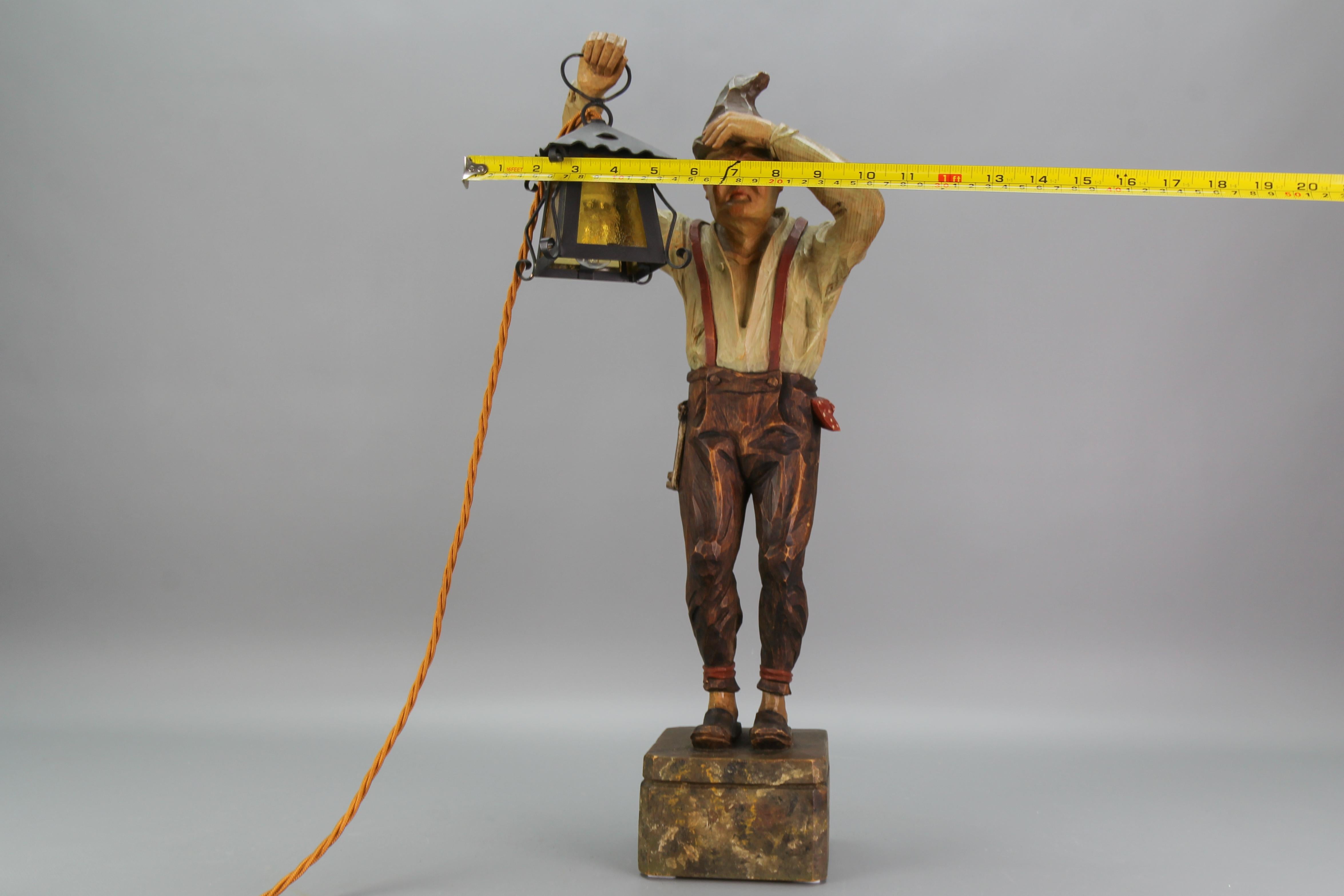Large Hand-Carved Wooden Lamp Sculpture Man with a Lantern, Germany, 1930s For Sale 11