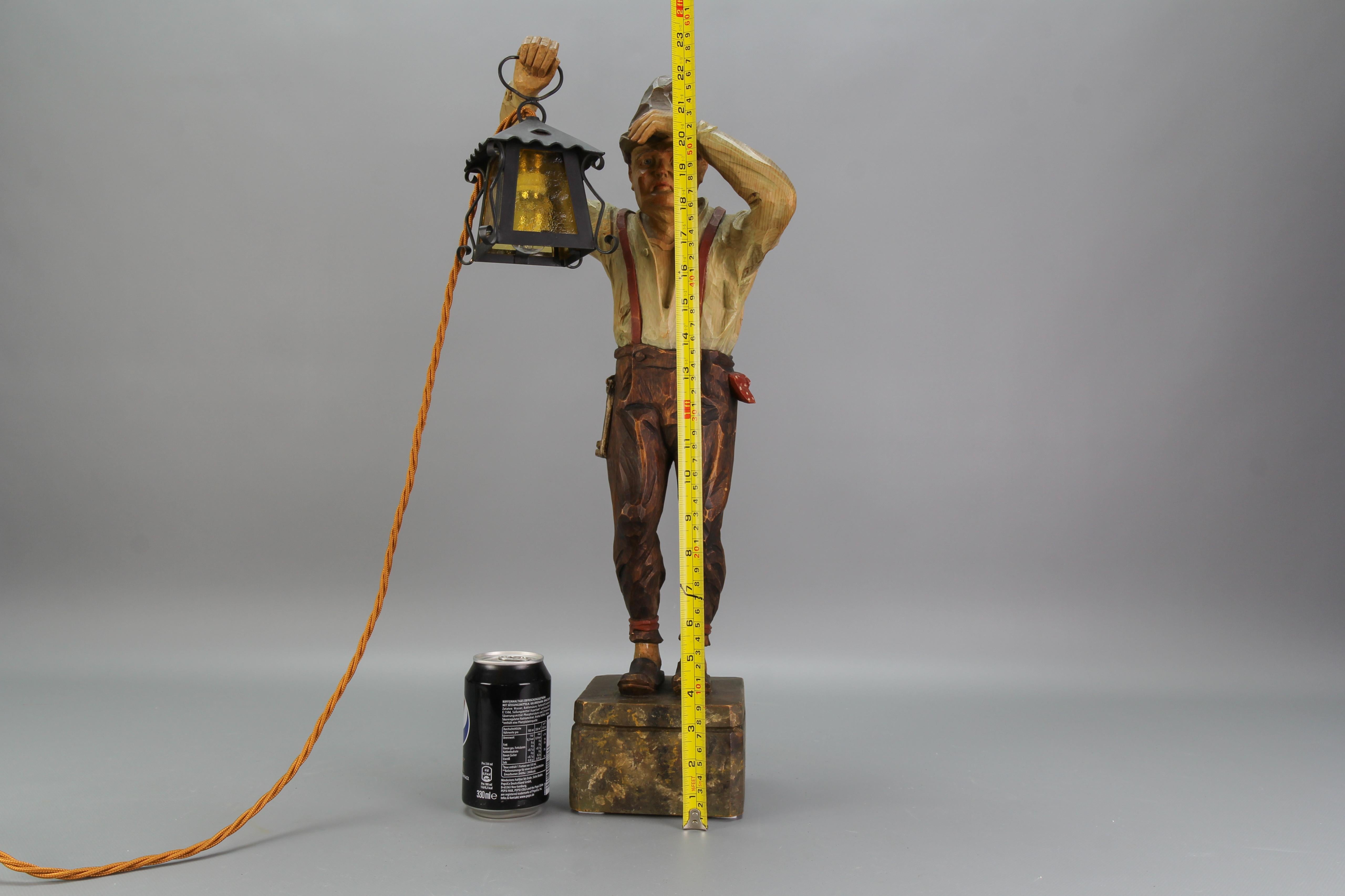 Large Hand-Carved Wooden Lamp Sculpture Man with a Lantern, Germany, 1930s For Sale 12
