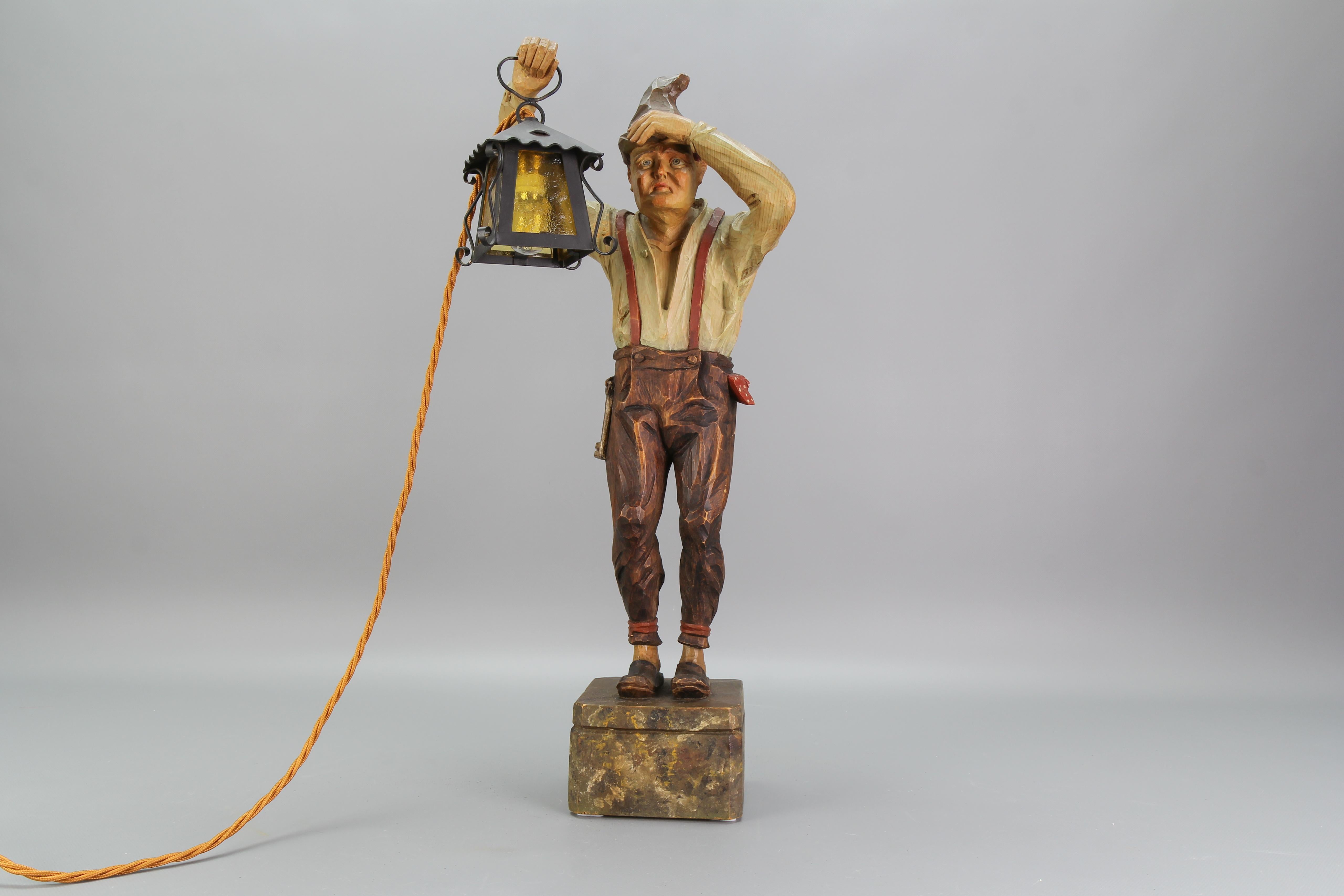 Large Hand-Carved Wooden Lamp Sculpture Man with a Lantern, Germany, 1930s For Sale 15