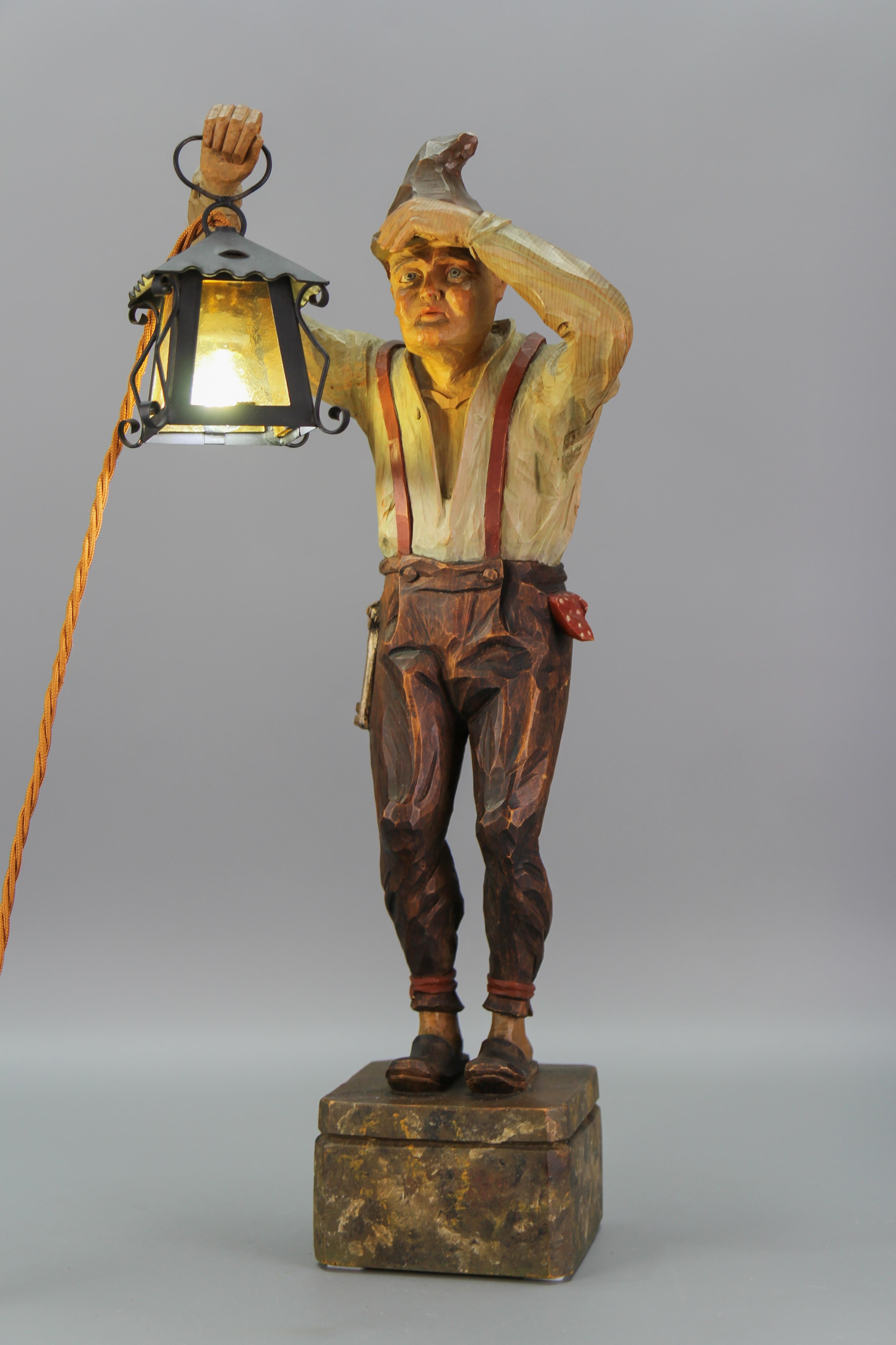 Art Deco Large Hand-Carved Wooden Lamp Sculpture Man with a Lantern, Germany, 1930s For Sale