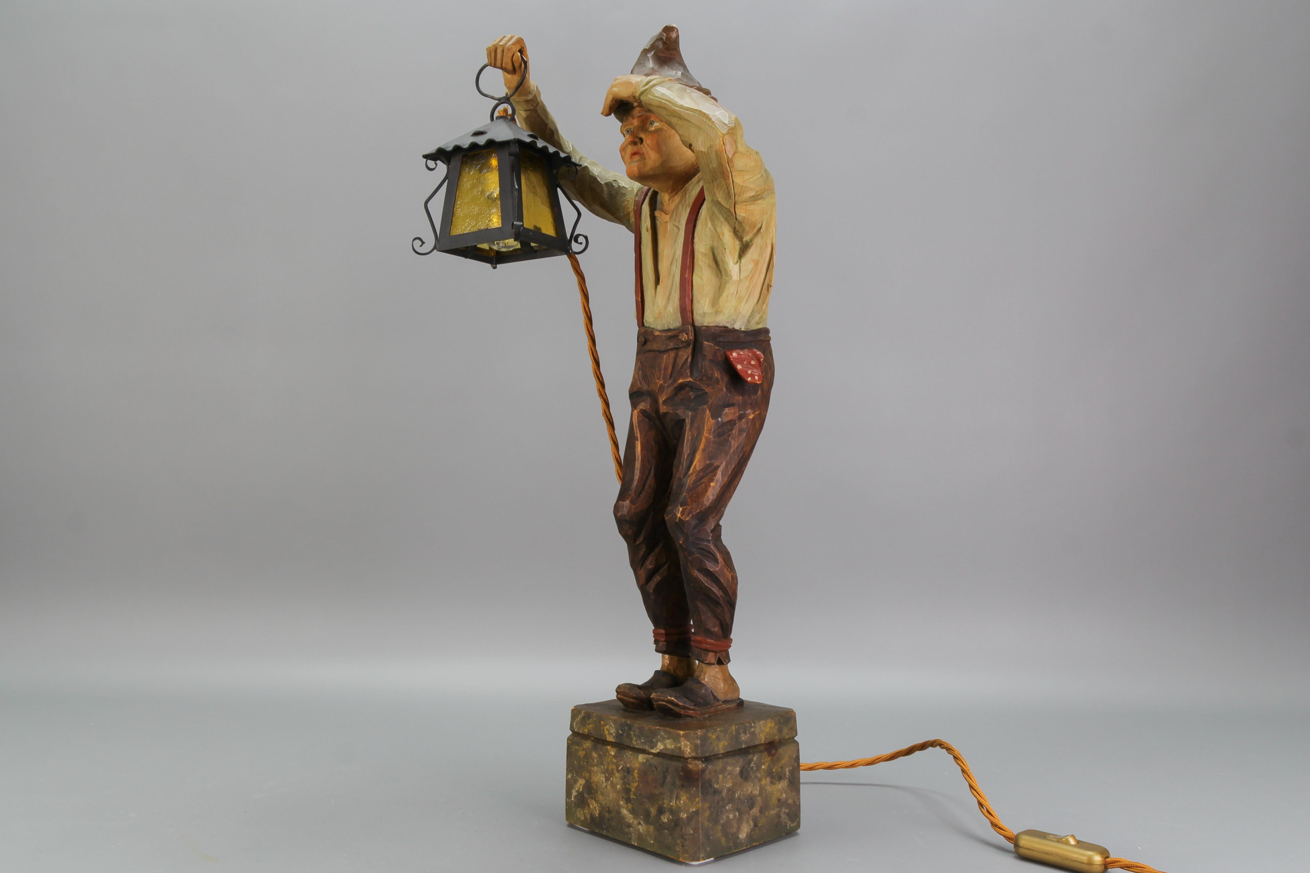 Large Hand-Carved Wooden Lamp Sculpture Man with a Lantern, Germany, 1930s For Sale 1