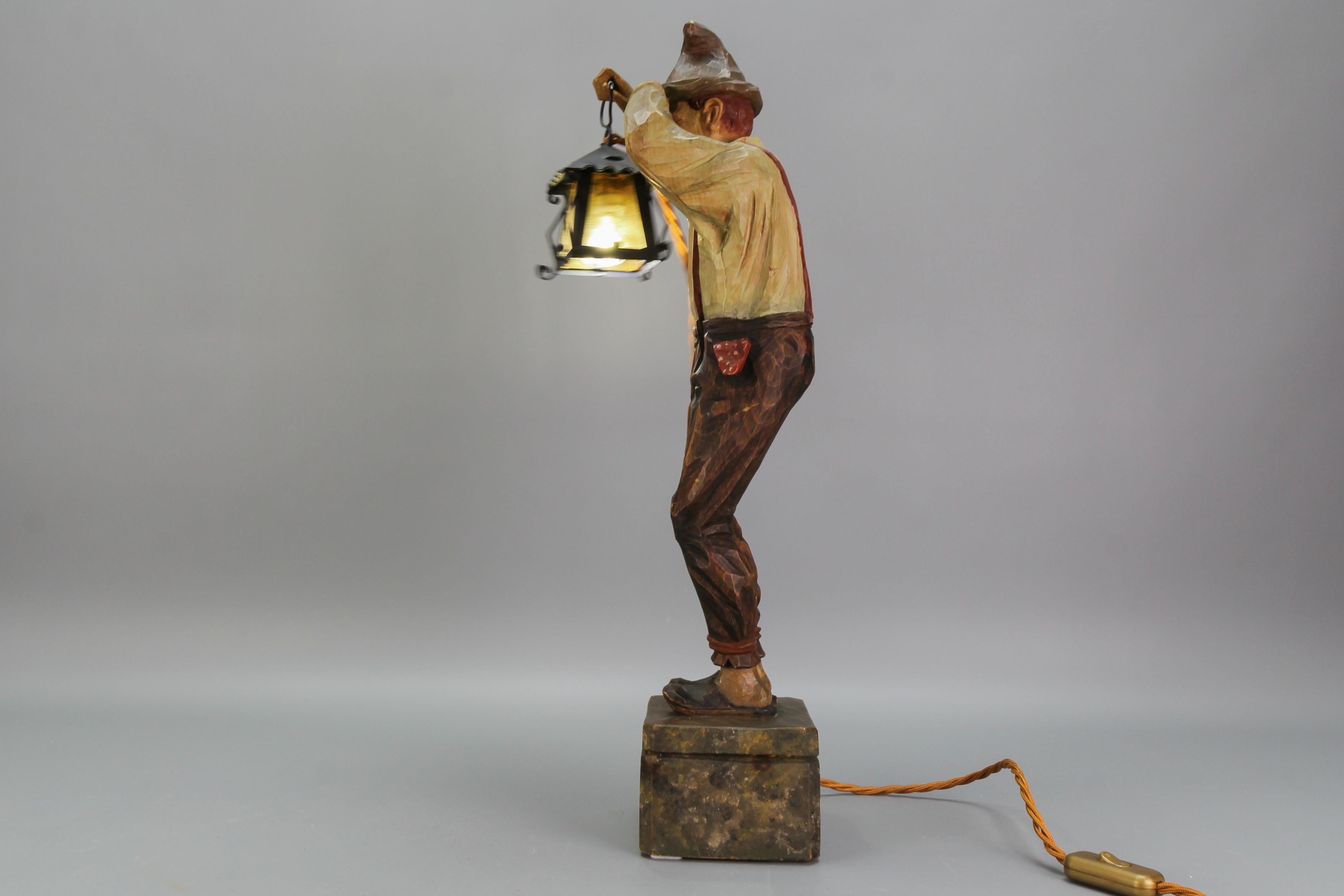 Large Hand-Carved Wooden Lamp Sculpture Man with a Lantern, Germany, 1930s For Sale 2