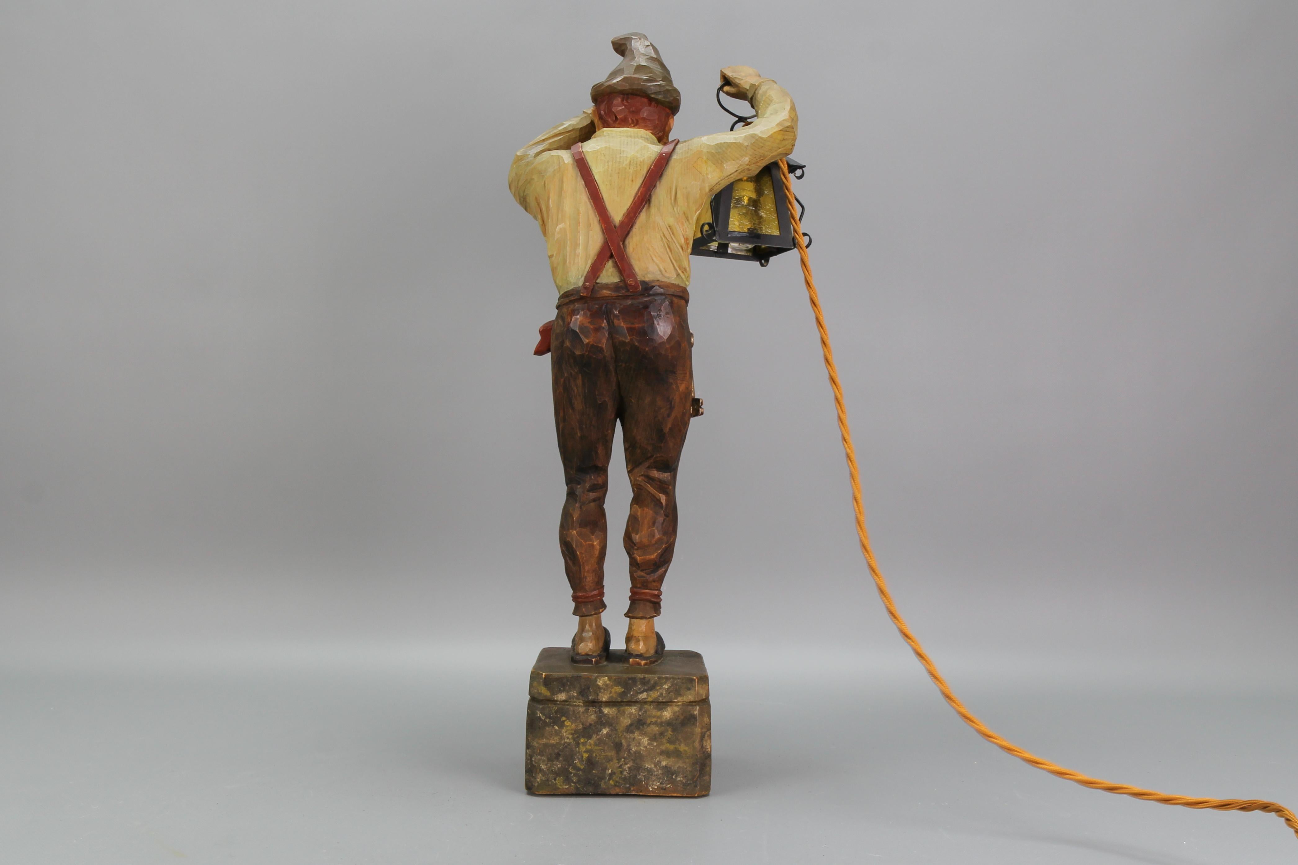Large Hand-Carved Wooden Lamp Sculpture Man with a Lantern, Germany, 1930s For Sale 3