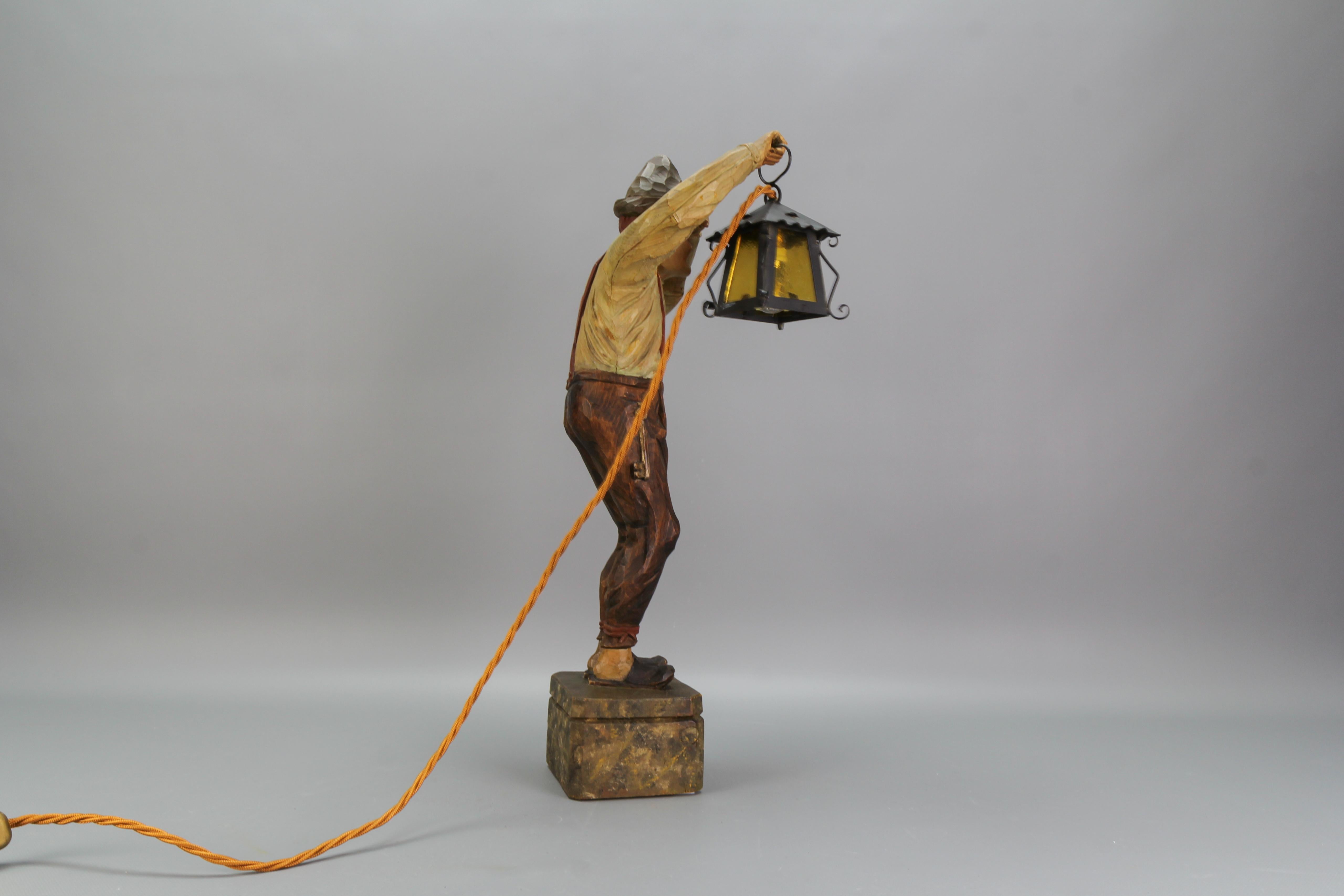 Large Hand-Carved Wooden Lamp Sculpture Man with a Lantern, Germany, 1930s For Sale 4