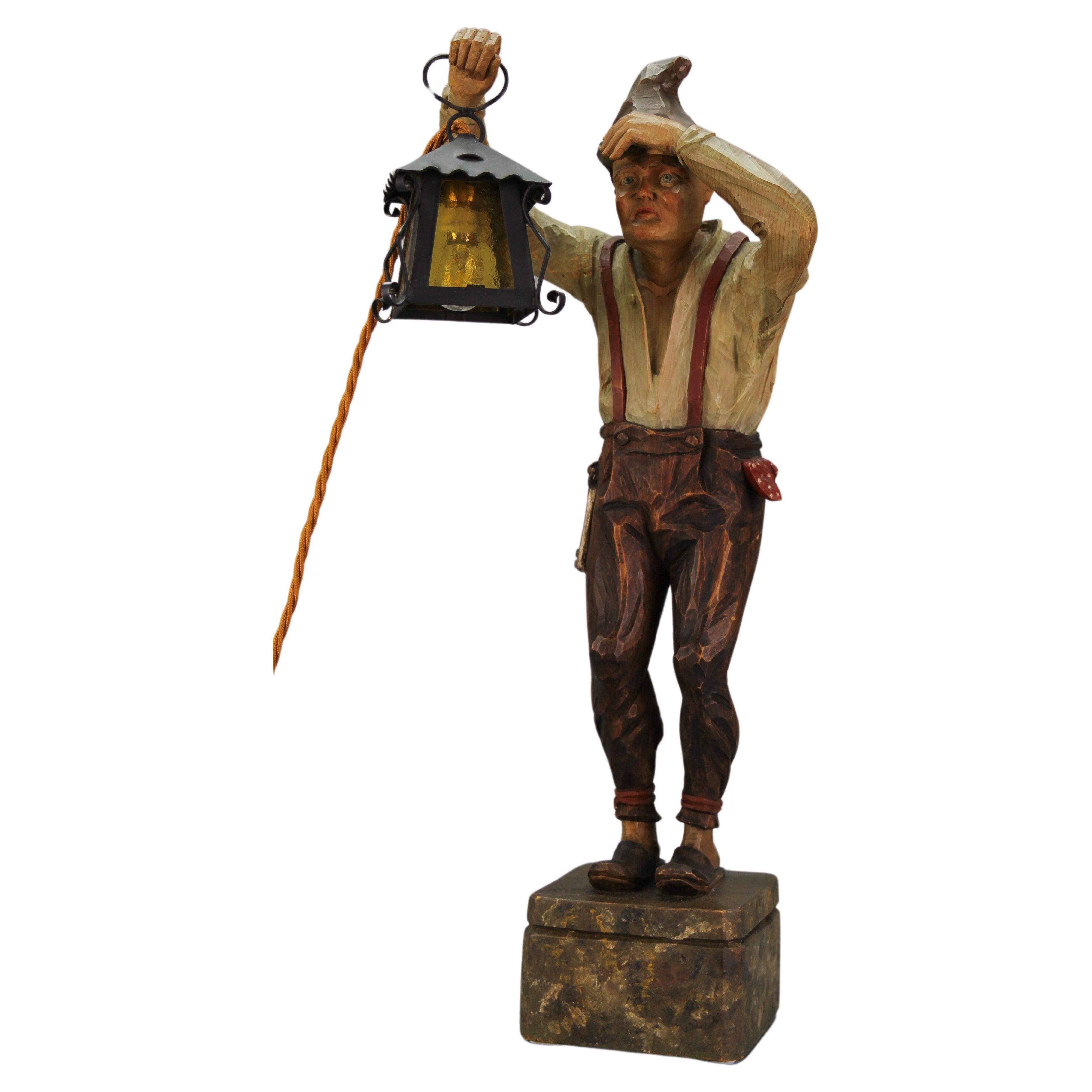 Large Hand-Carved Wooden Lamp Sculpture Man with a Lantern, Germany, 1930s For Sale
