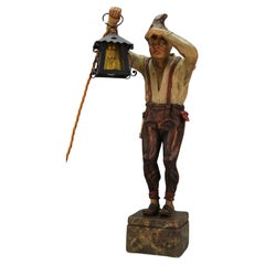 Vintage Large Hand-Carved Wooden Lamp Sculpture Man with a Lantern, Germany, 1930s