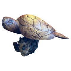 Large Hand-Carved Wooden Sea Turtle Sculpture on Driftwood Base