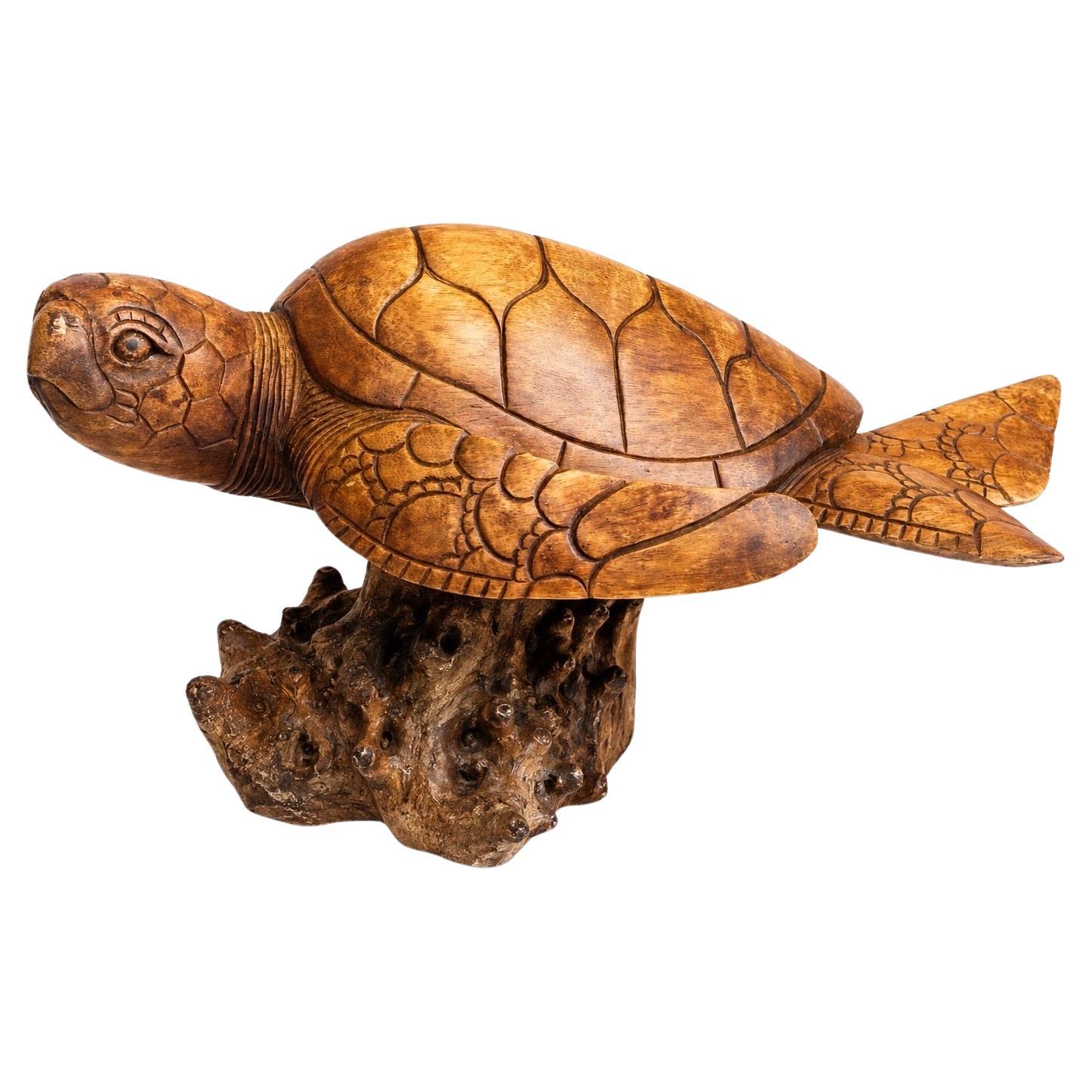 Large Hand-Carved Wooden Sea Turtle Sculpture on Driftwood Base