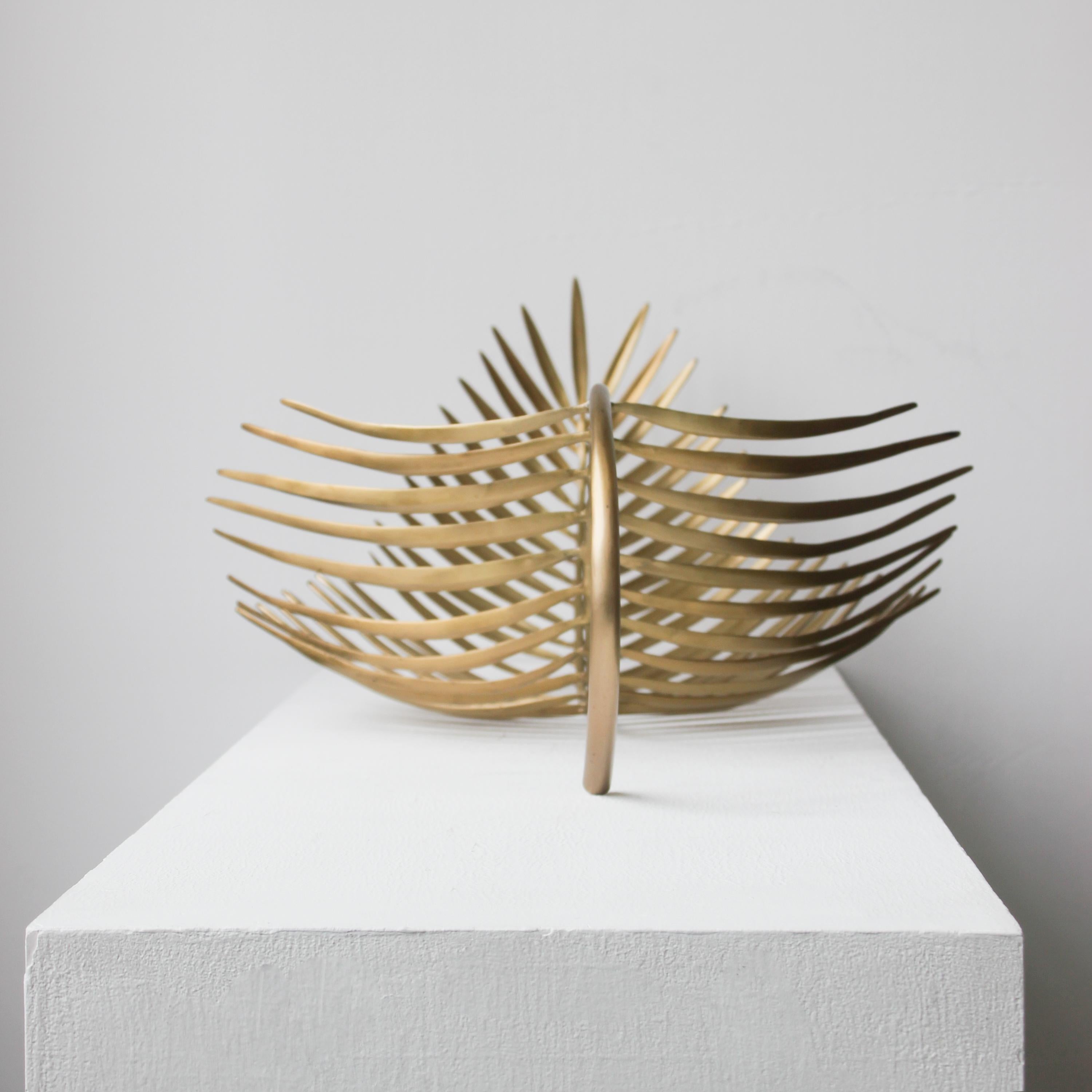 Large Hand-Cast Brass Palm Tree Leaf Sculpture, Decorative Bowl For Sale 1