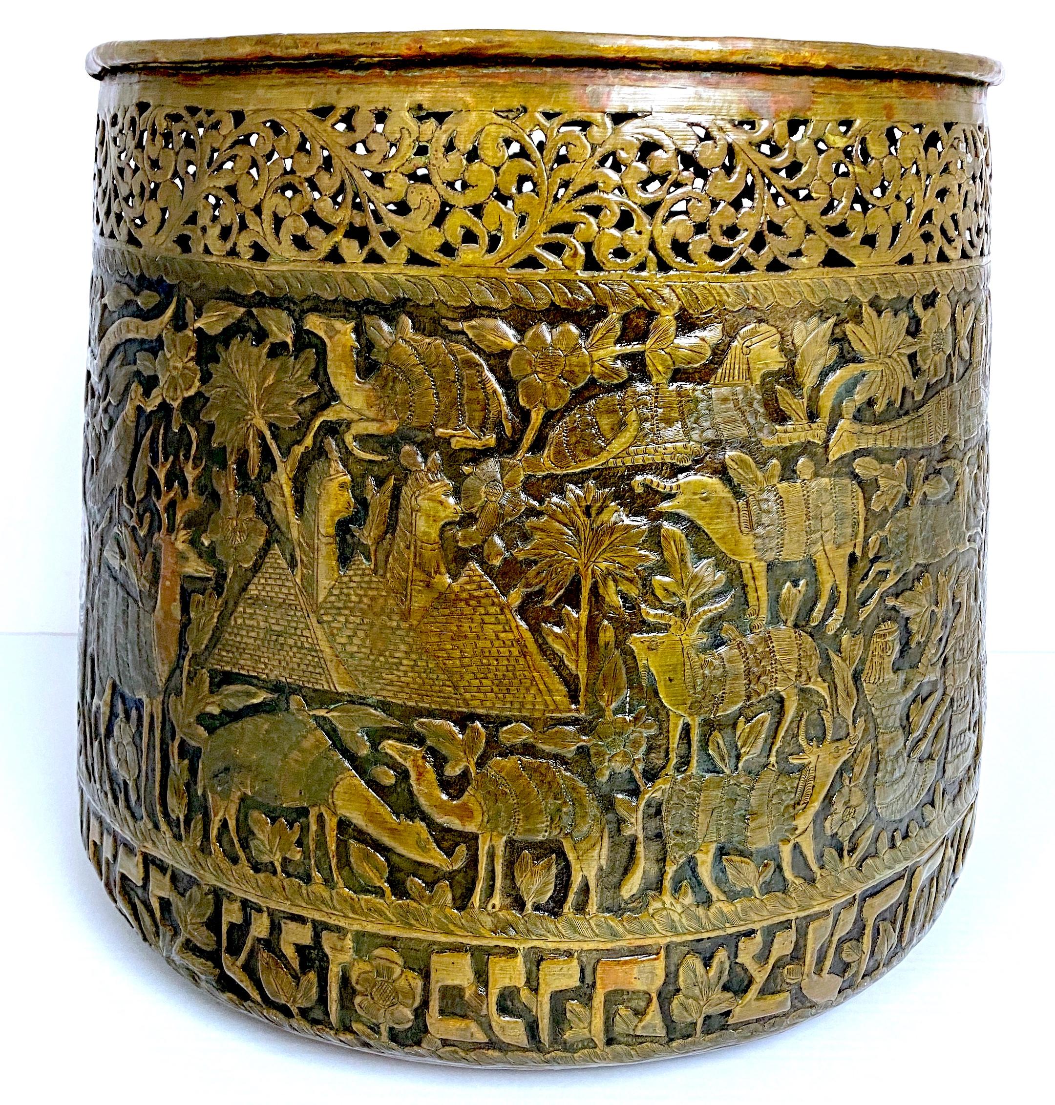 Large Hand Chased & Enameled Egyptomania Brass Jardinière/ Planter 
Egypt, 1930s
A magnificent Large Hand Chased & Enameled Egyptomania Brass Jardinière/Planter from Egypt, after the 1930s, a period following the historic discovery of Tutankhamun's