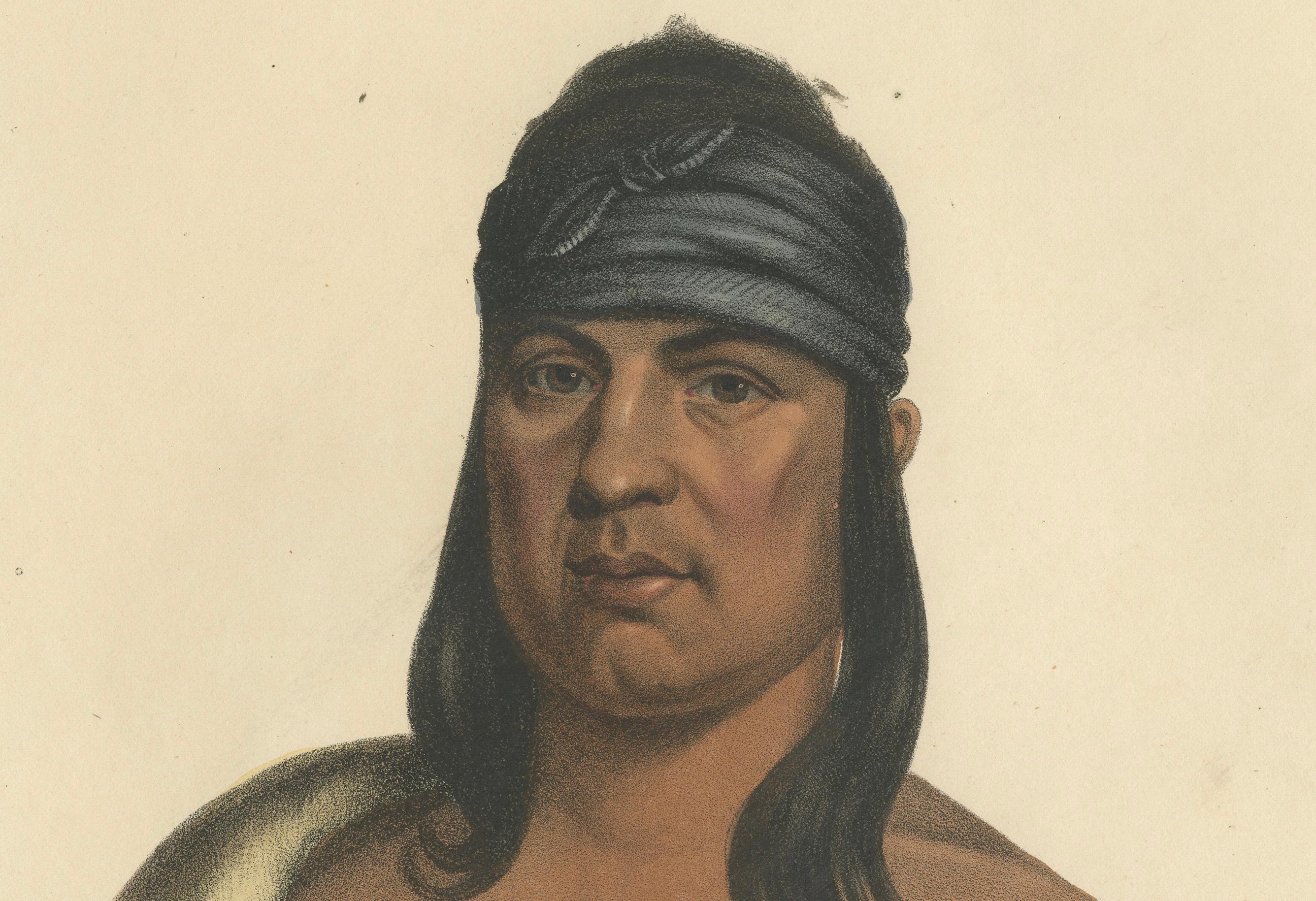 The Resolute Guardian: Pa-She-Pa-Haw, A Sauk Chief

This lithograph is of Pa-She-Pa-Haw, a leader of the Sauk tribe, also known as the Sac or 'The Stabbing Chief'. The artwork is derived from the 
