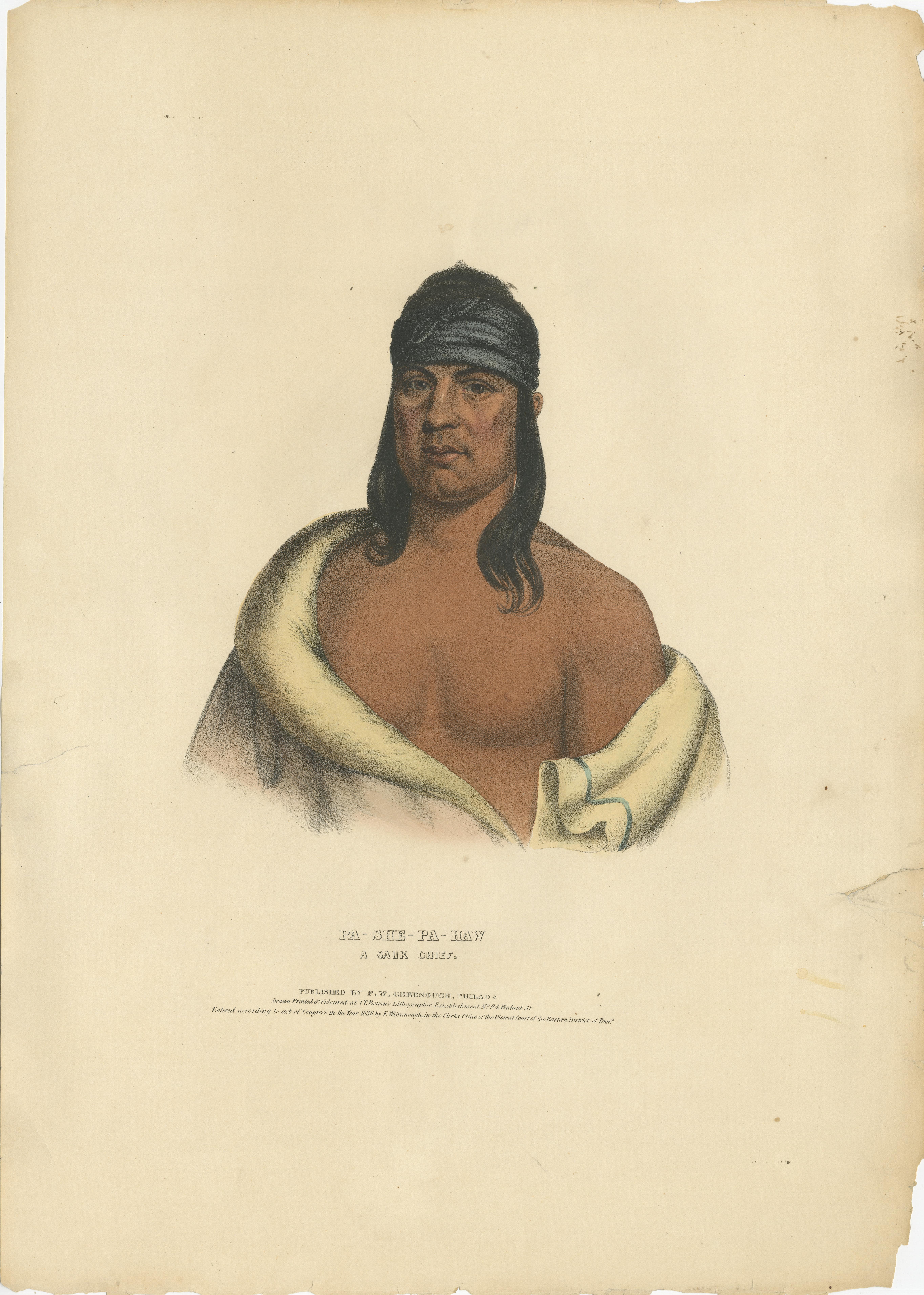Large Hand-Colored Antique Print of Pa-She-Pa-Haw, a Sauk Chief, circa 1838 In Fair Condition For Sale In Langweer, NL