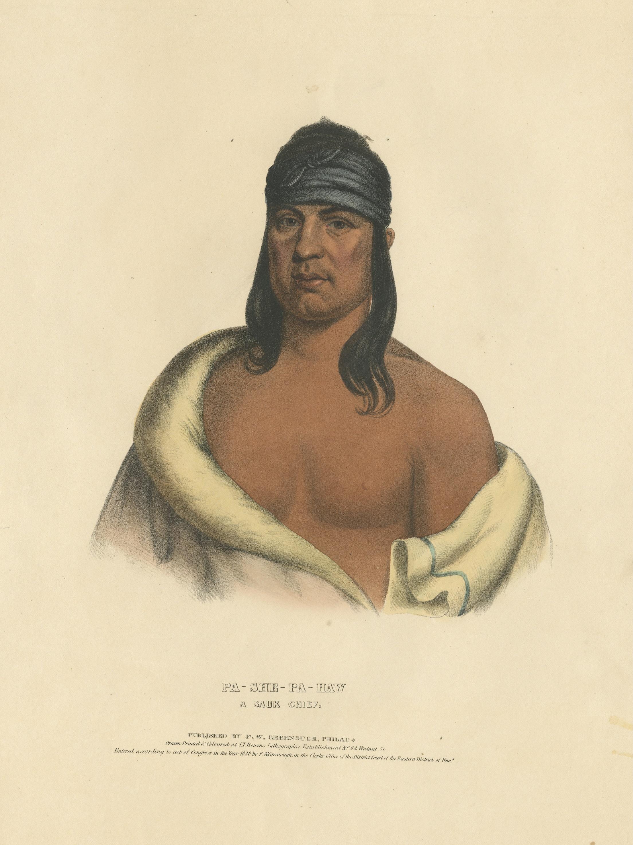 19th Century Large Hand-Colored Antique Print of Pa-She-Pa-Haw, a Sauk Chief, circa 1838 For Sale