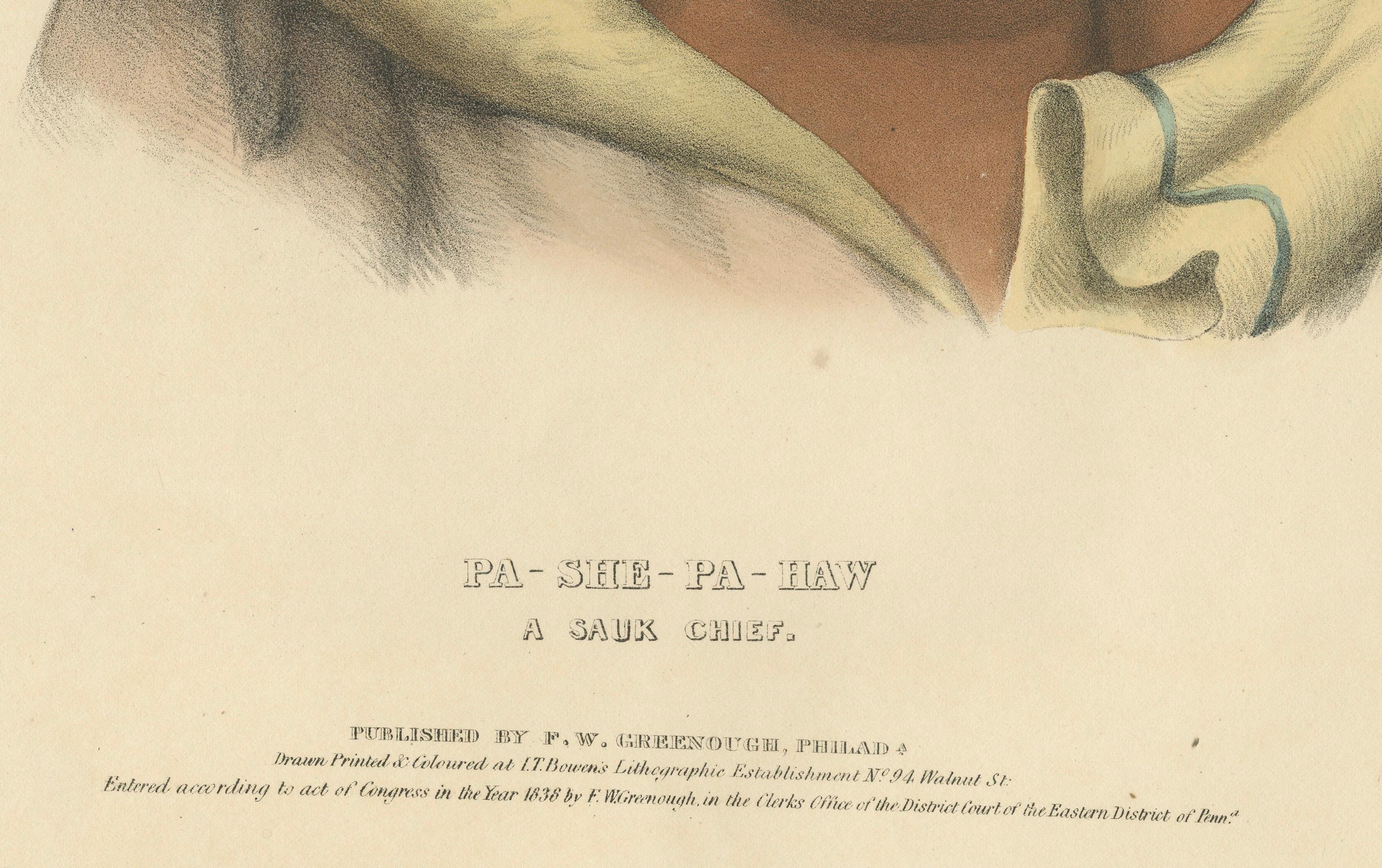 Paper Large Hand-Colored Antique Print of Pa-She-Pa-Haw, a Sauk Chief, circa 1838 For Sale