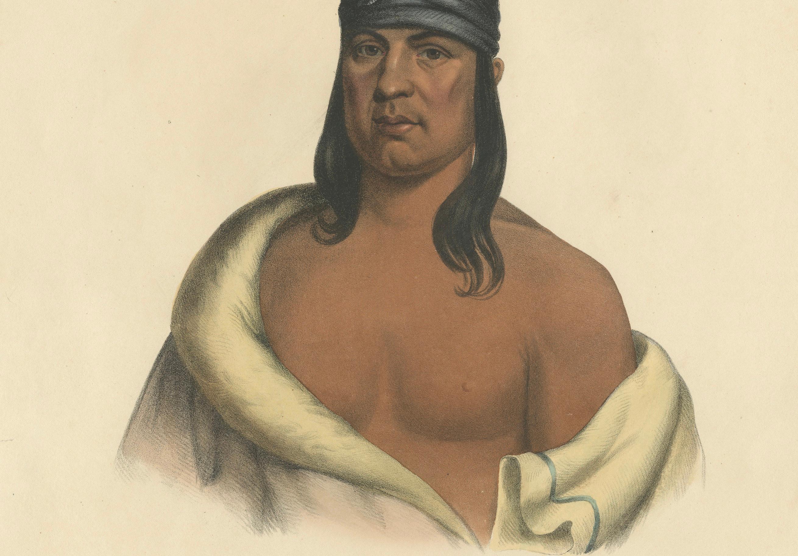 Large Hand-Colored Antique Print of Pa-She-Pa-Haw, a Sauk Chief, circa 1838 For Sale 1