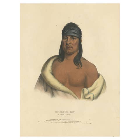 Large Hand-Colored Antique Print of Pa-She-Pa-Haw, a Sauk Chief, circa 1838